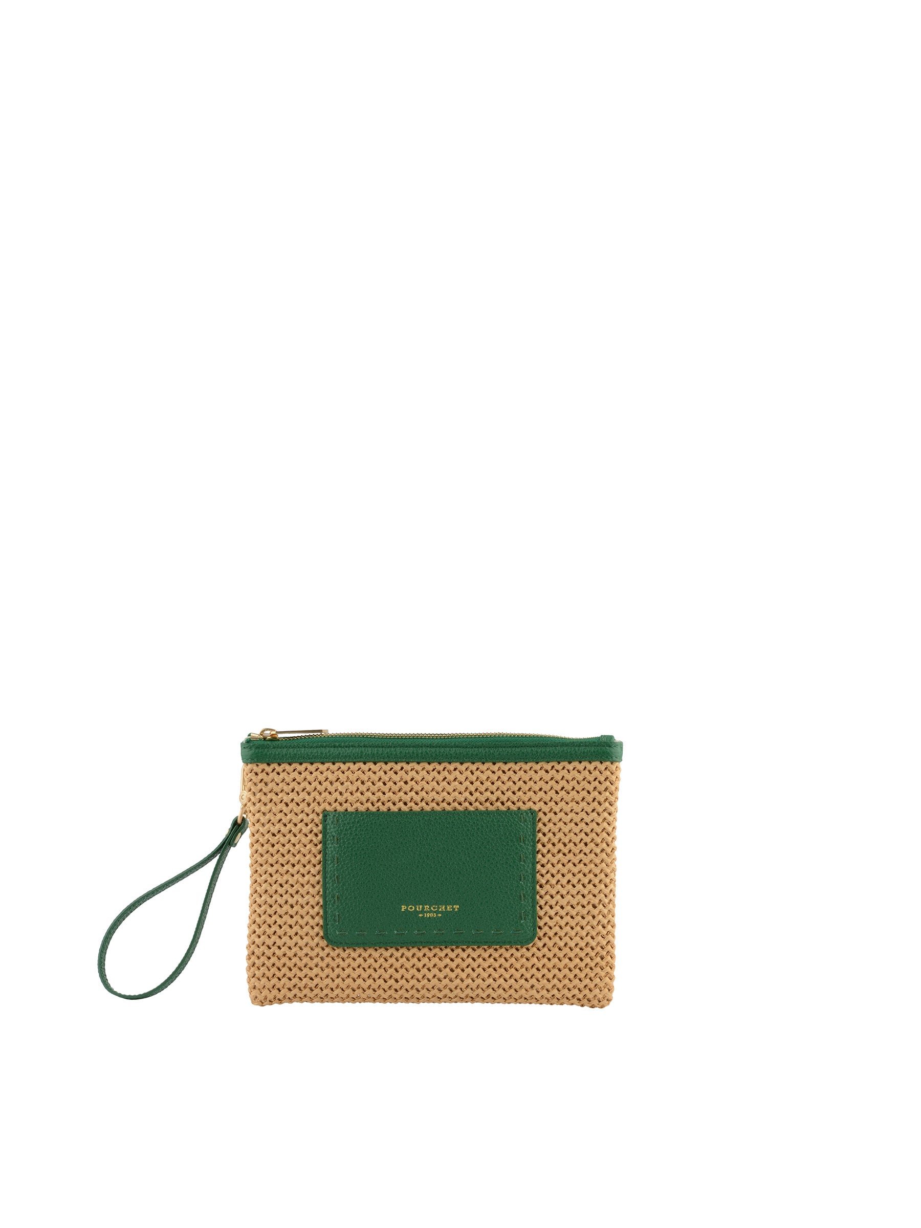 Straw clutch with leather trim POURCHET