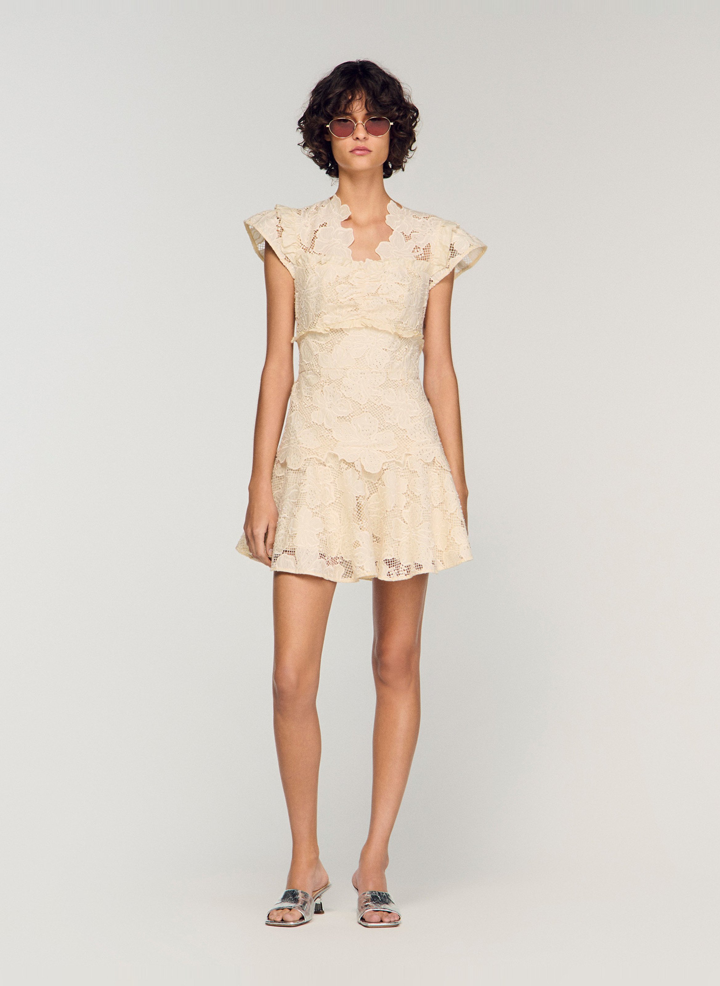 Robe courte en guipure évasée SANDRO Beige