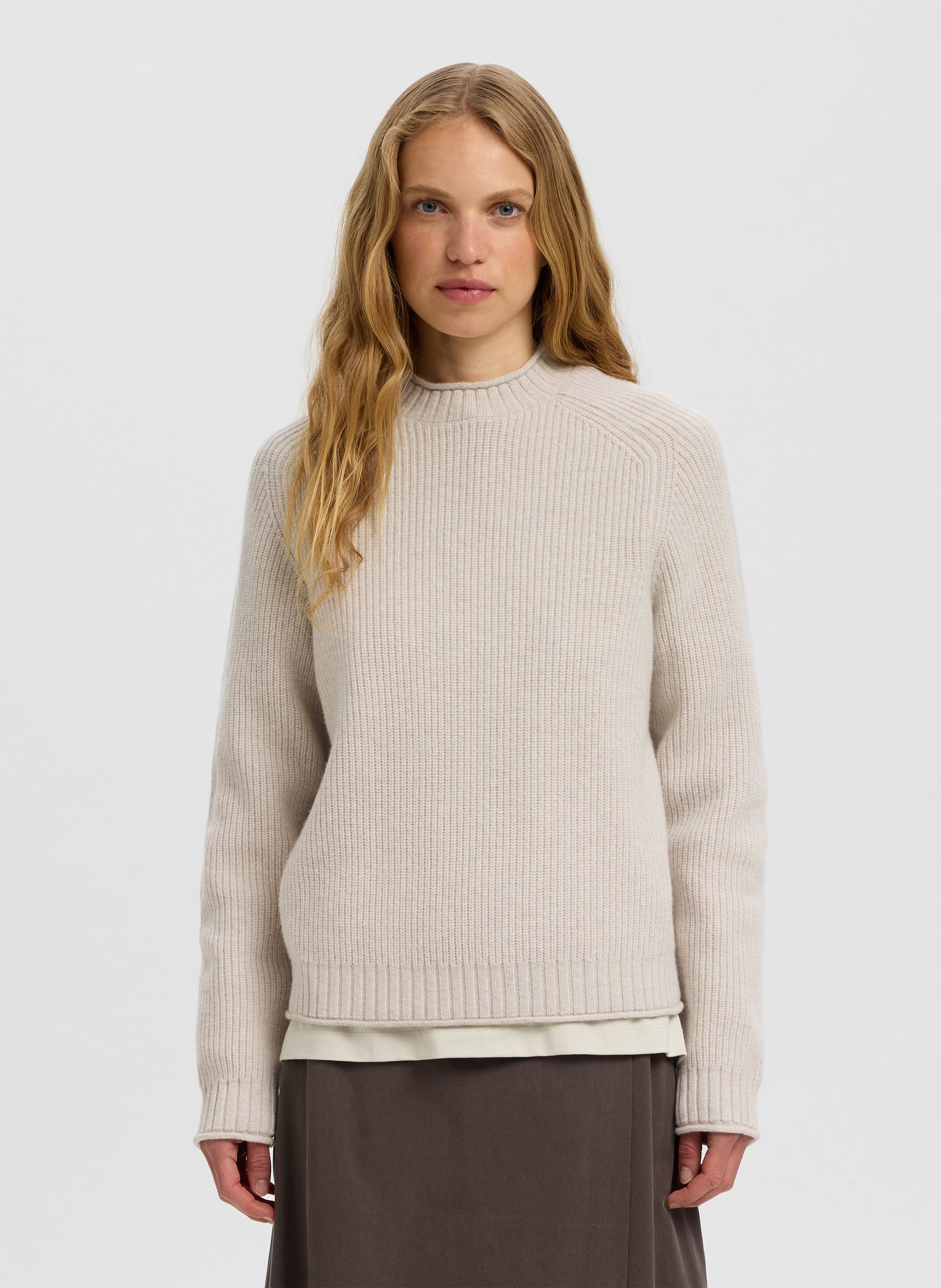 Pull droit col rond en laine SELECTED Beige