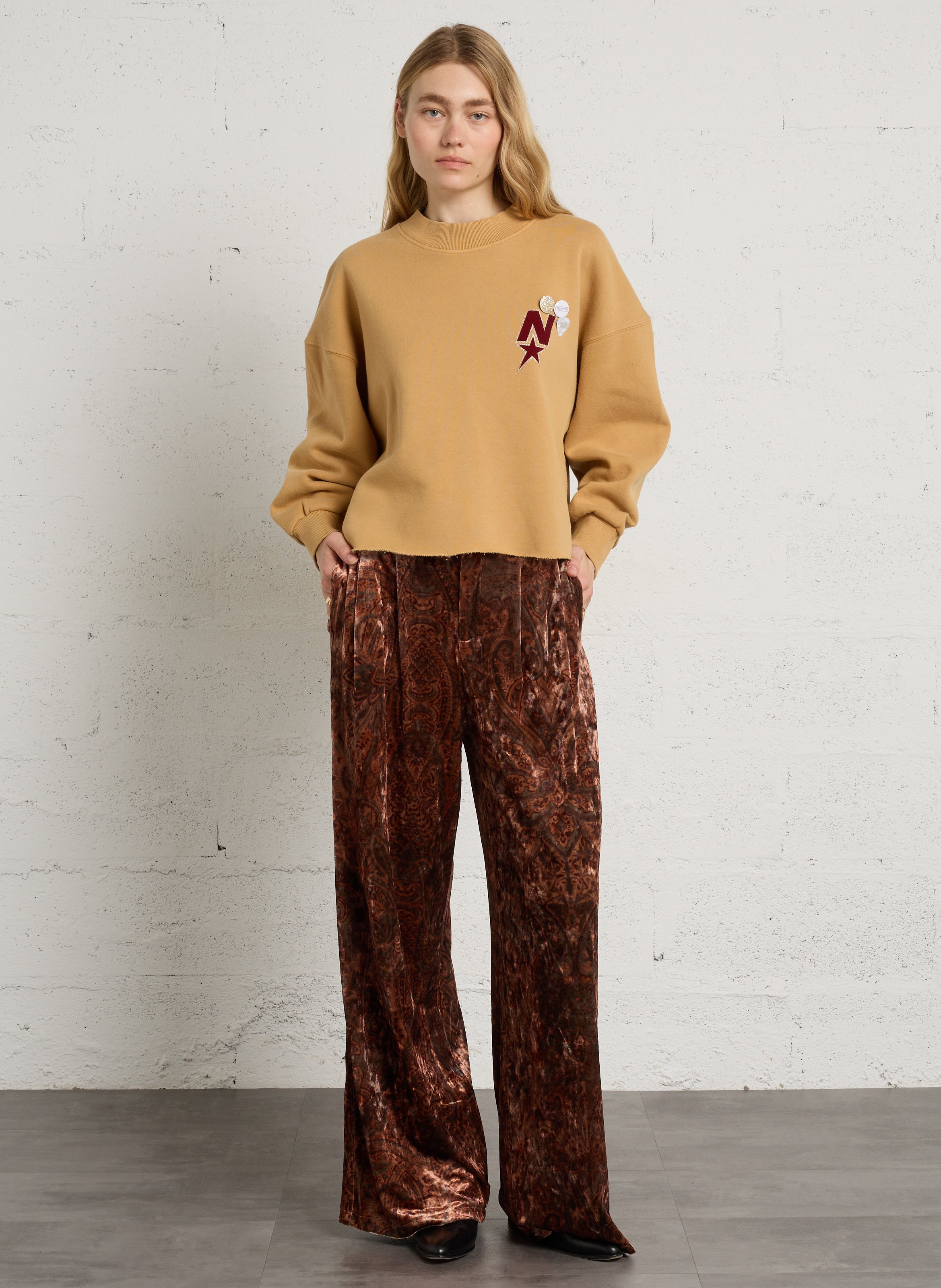 Sweat ample col rond sérigraphié en coton NEWTONE Marron
