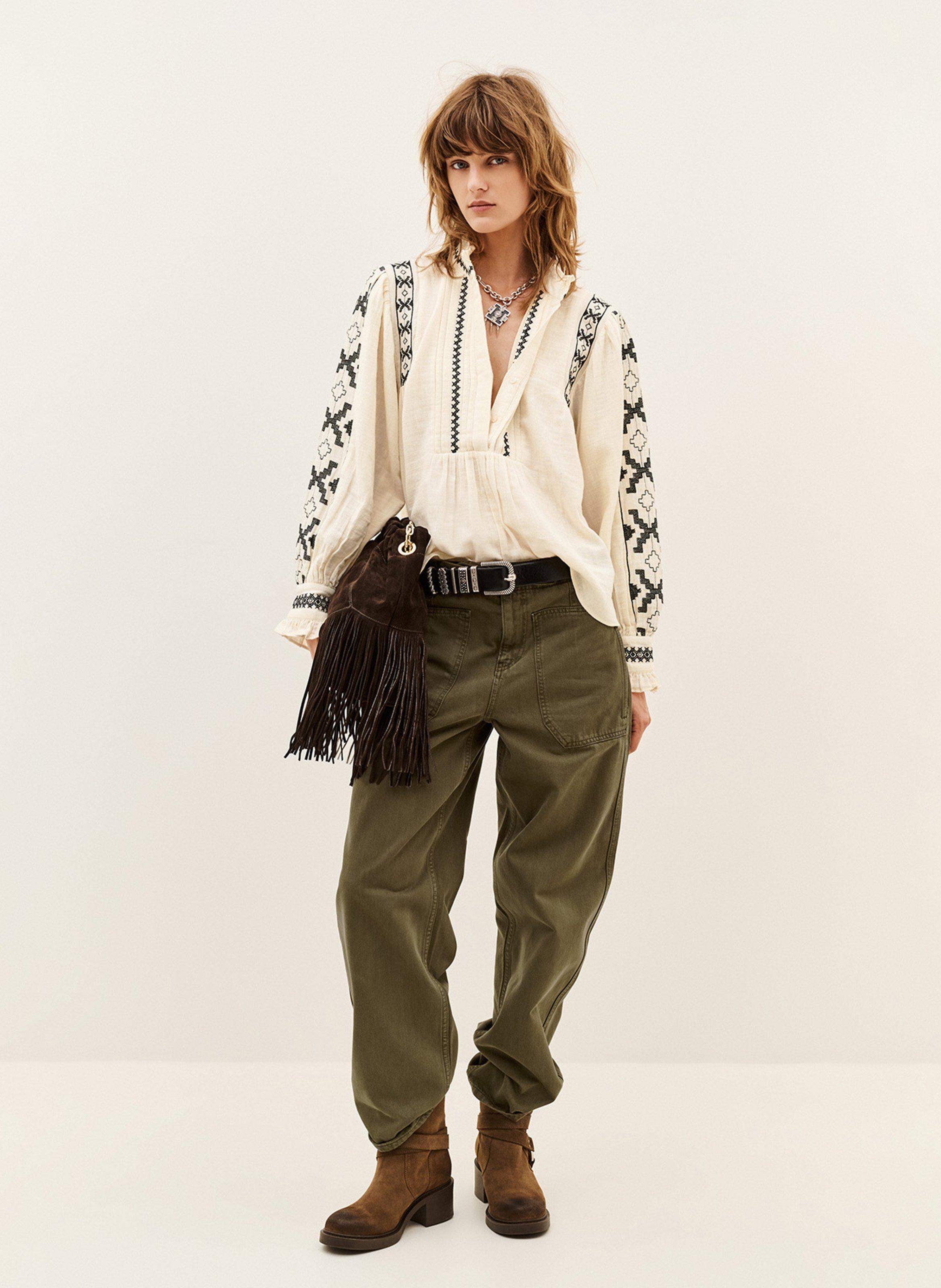 Blouse ample brodée en coton BA&SH Beige