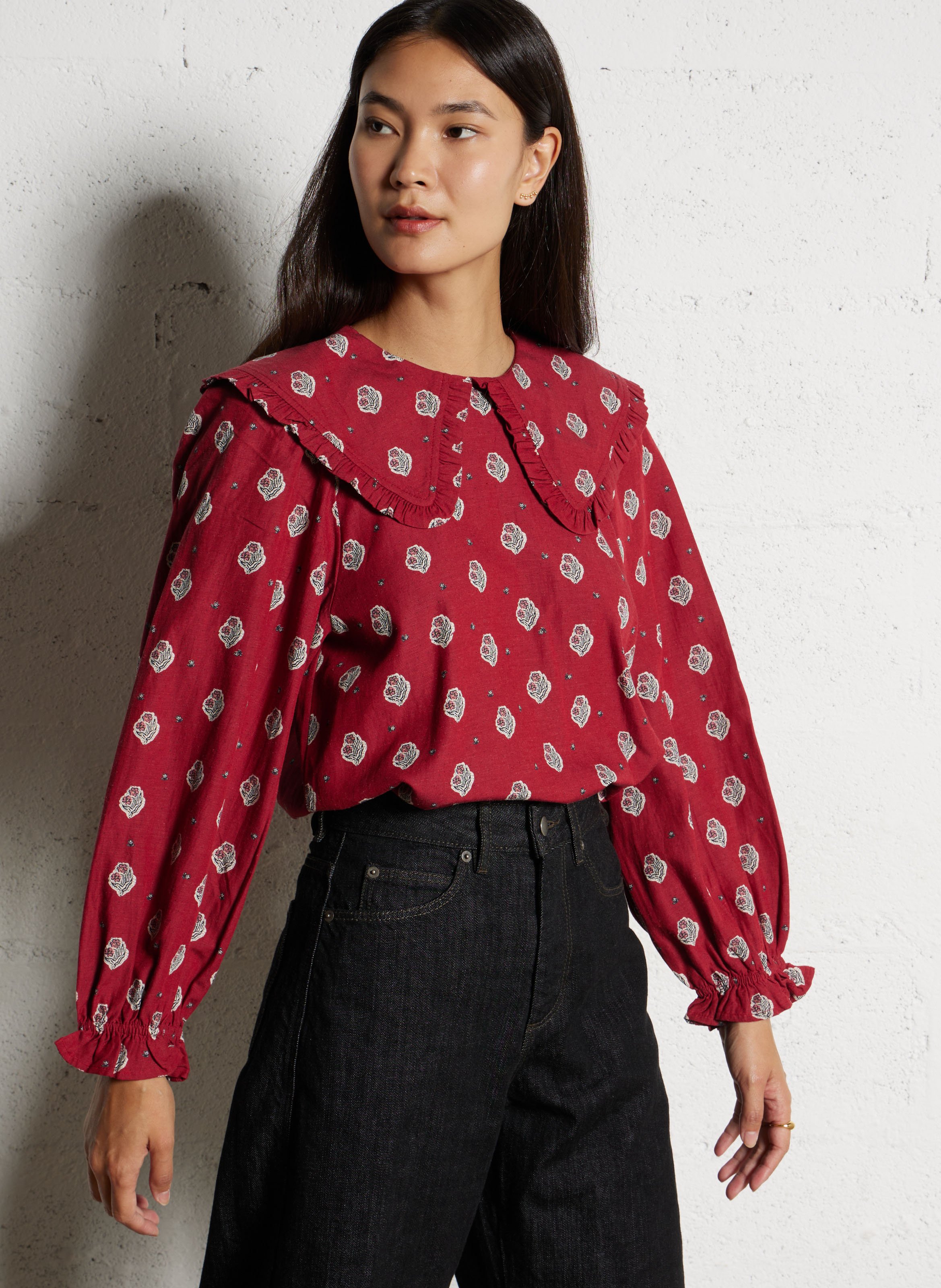 Straight printed blouse with Peter Pan collar DES PETITS HAUTS Red