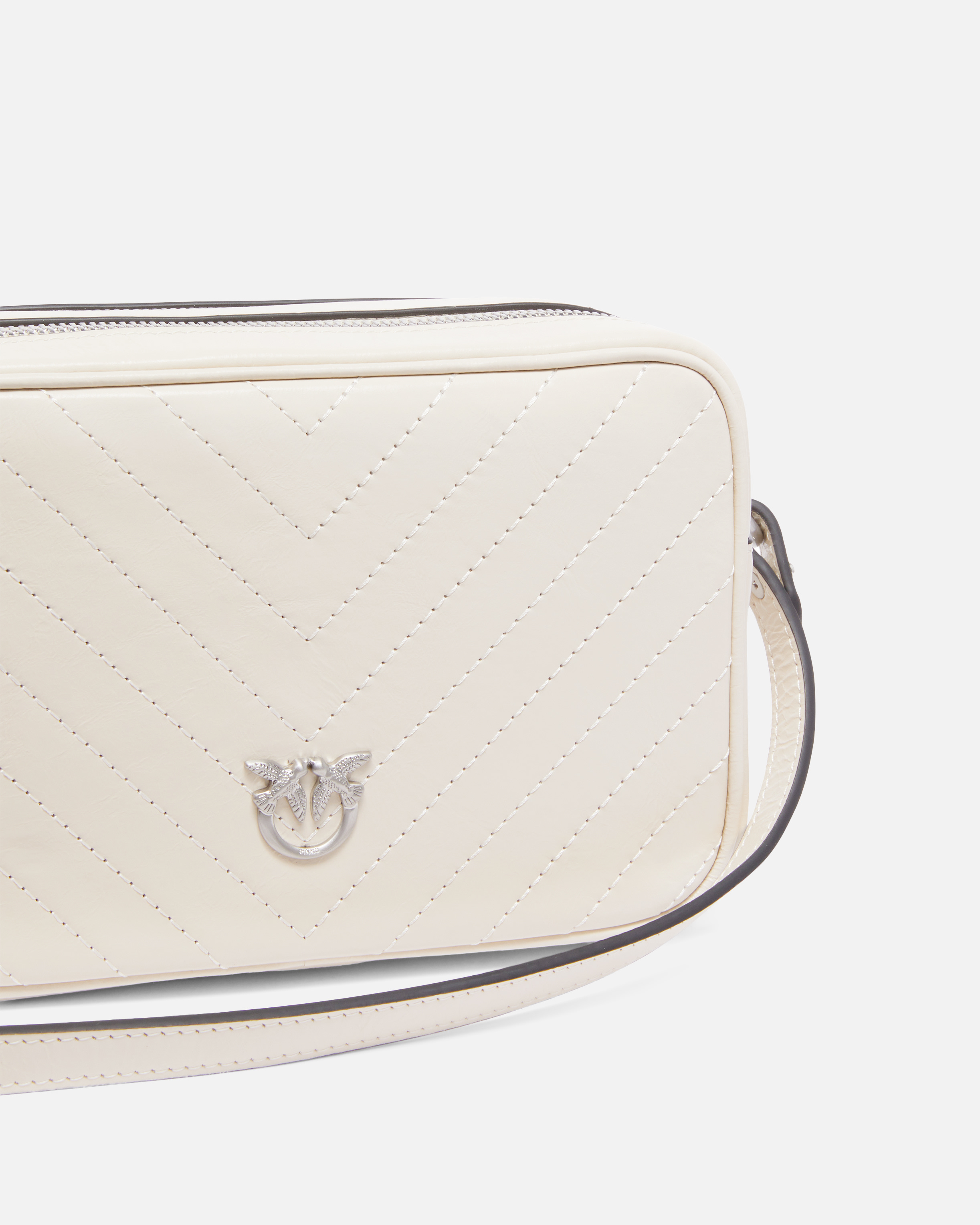 Medium Chevron Leather Camera Crossbody Bag PINKO White