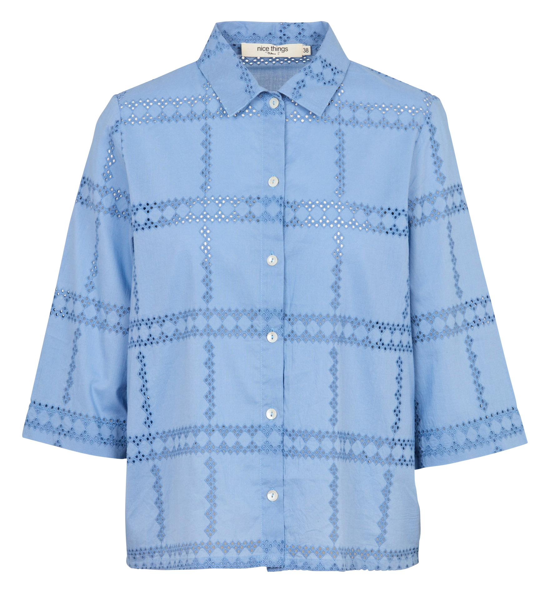 Rechte, katoenen blouse met klassieke kraag en borduursel NICE THINGS Blauw