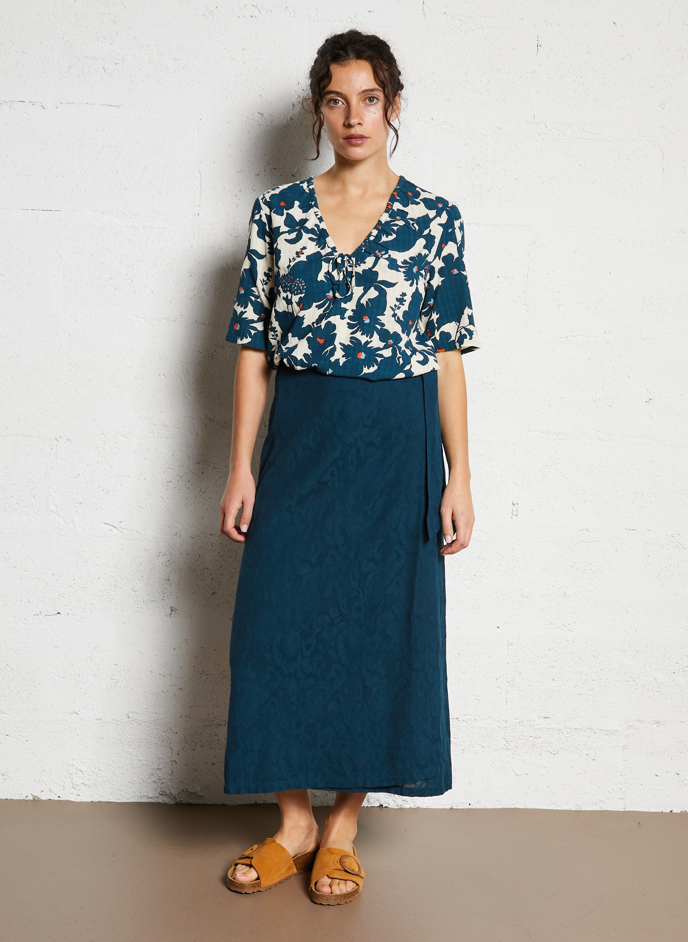 Jupe midi droite en coton NICE THINGS Bleu