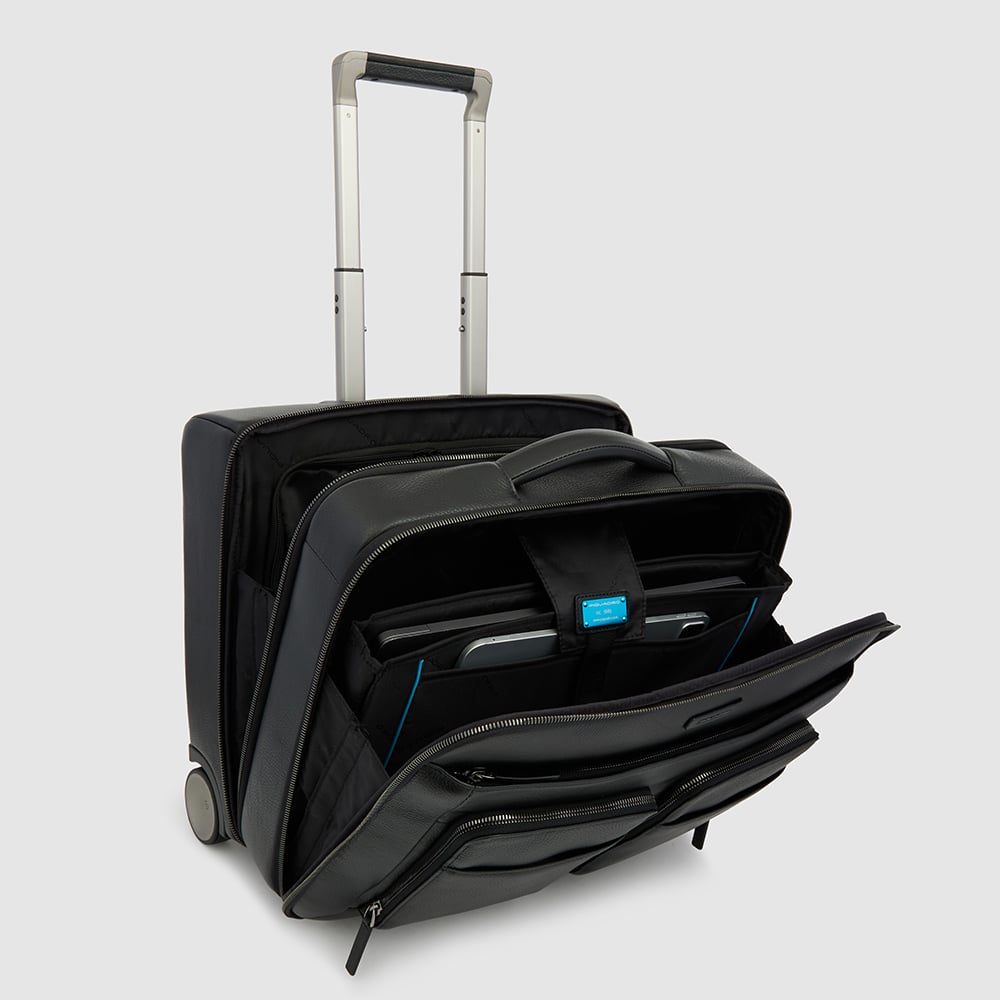 Rolling briefcase with removable organizer for computer and iPad® and TSA lock. PIQUADRO Black