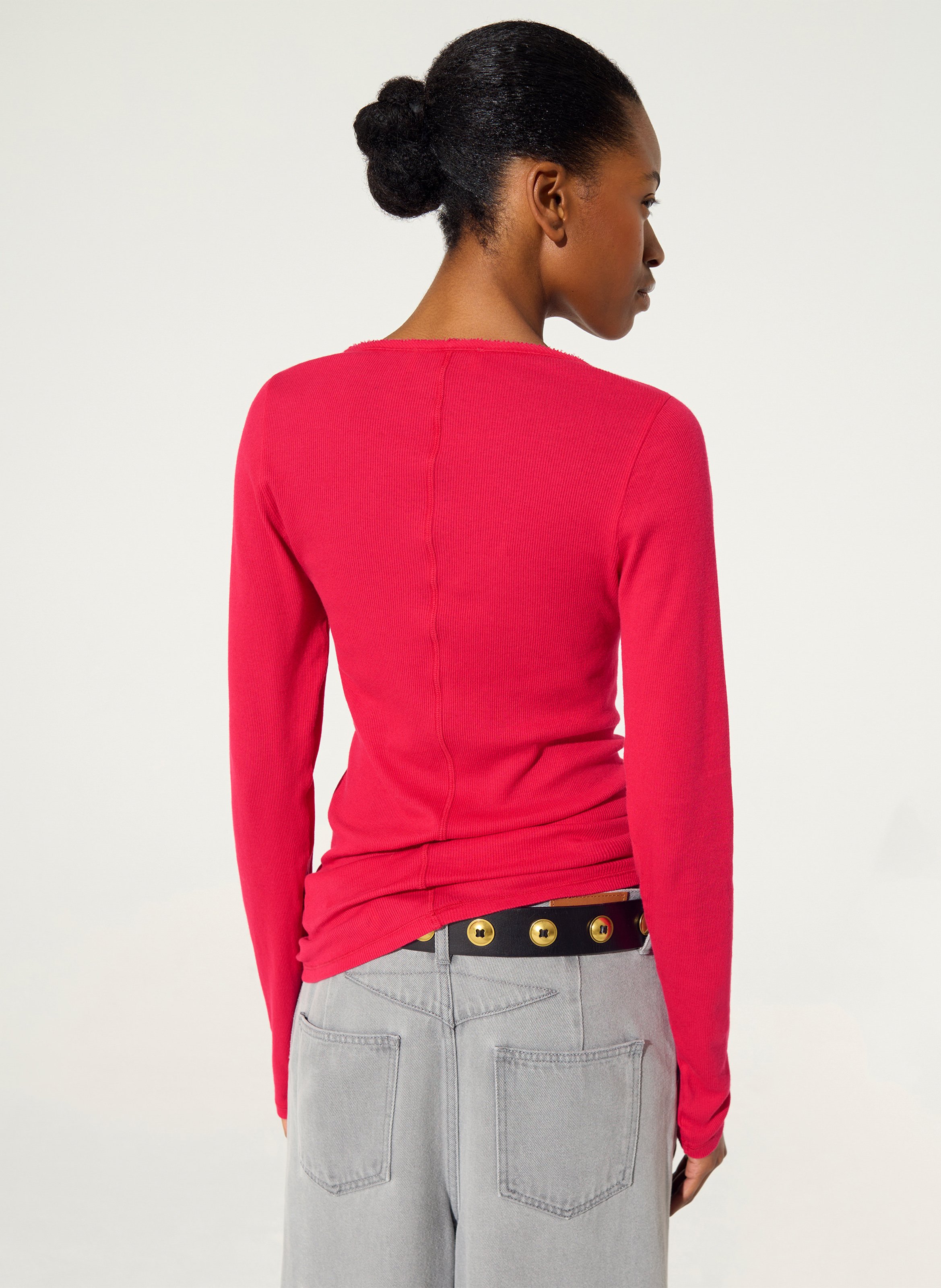 T-Shirt mit Rundhalsausschnitt und Knopfleiste, einfarbig COTELAC Rot