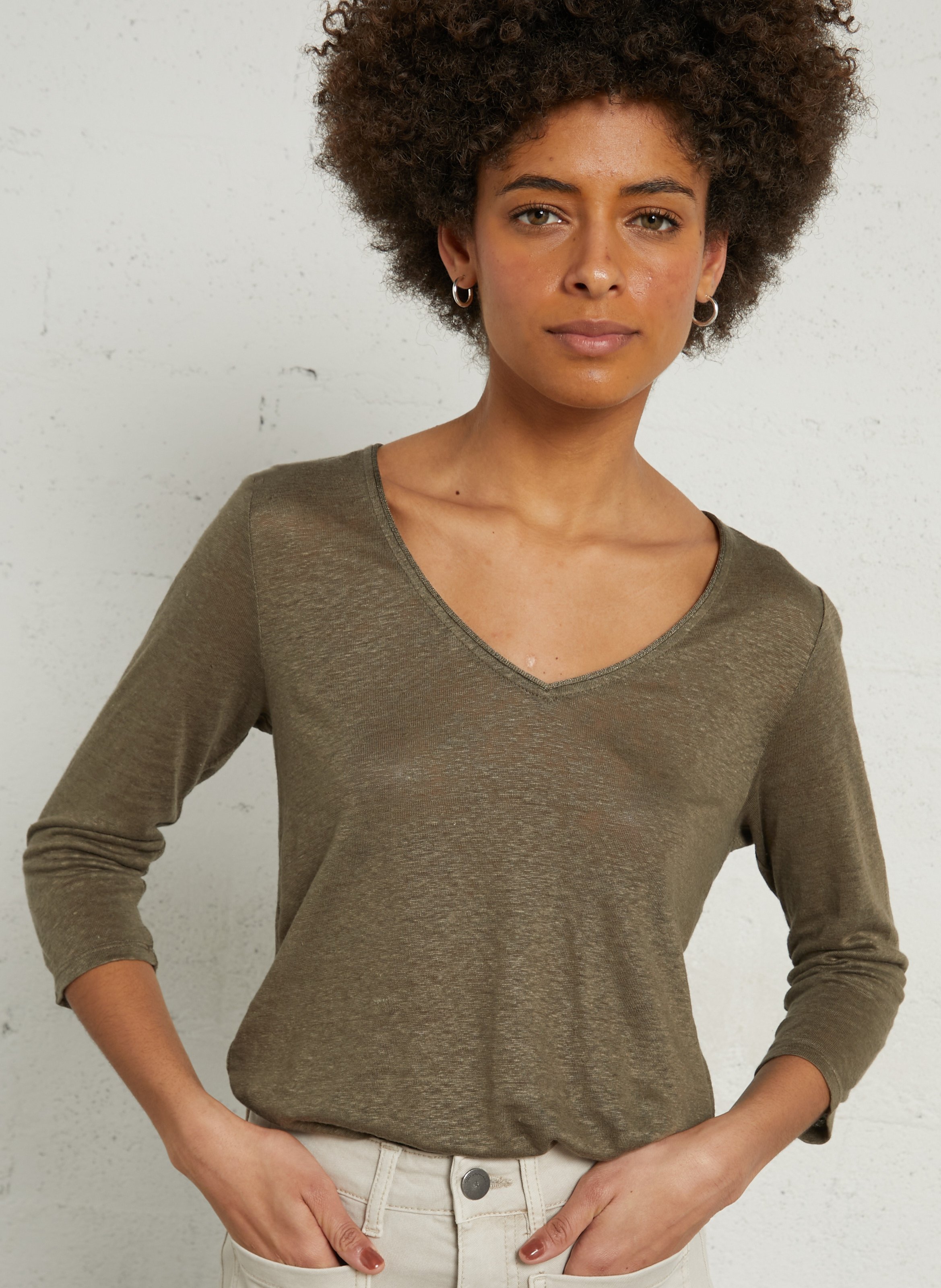 Linnen T-shirt met V-hals en chiné-effect SUD EXPRESS