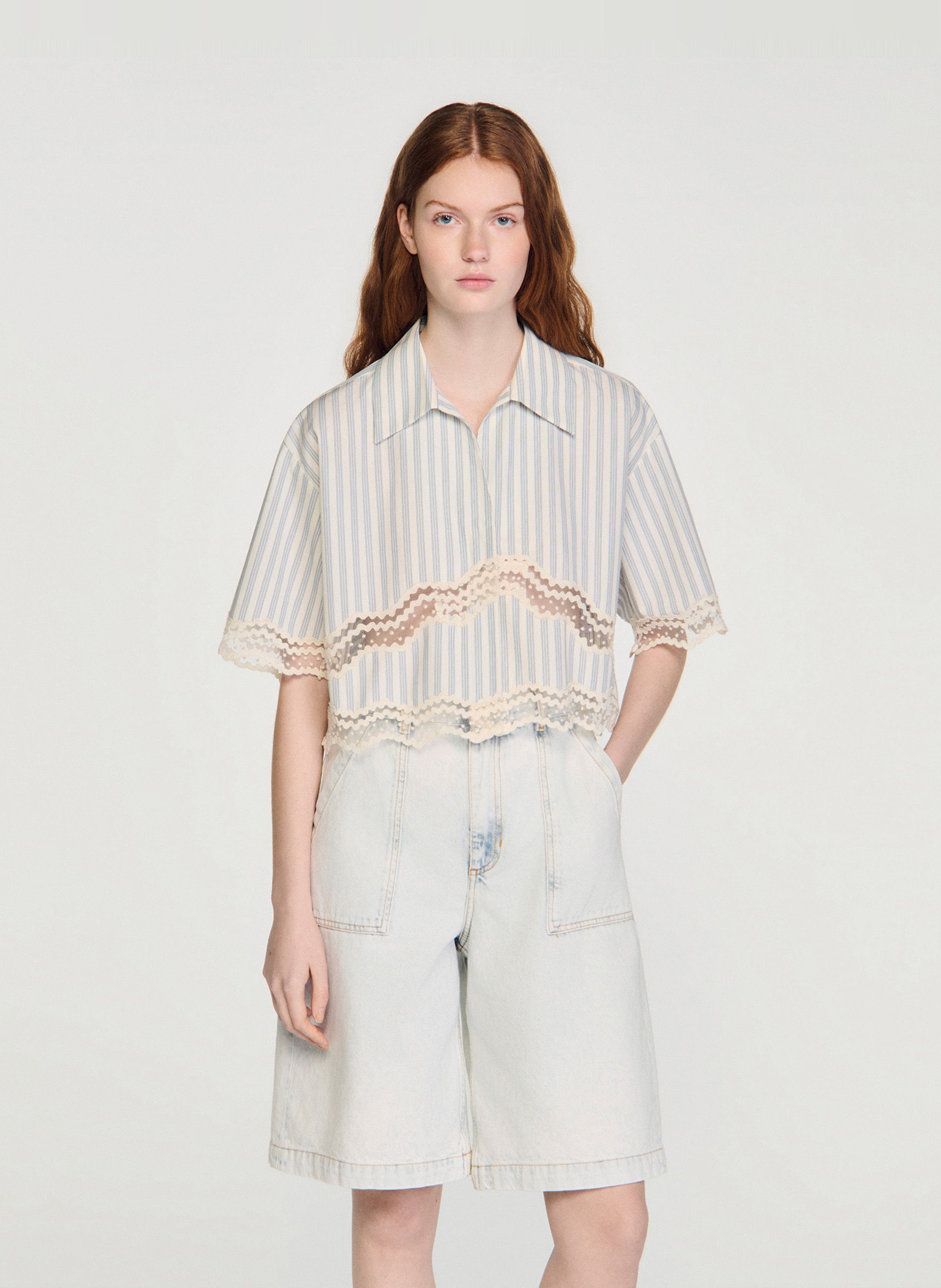 Chemise oversize col classique en coton rayé SANDRO Beige