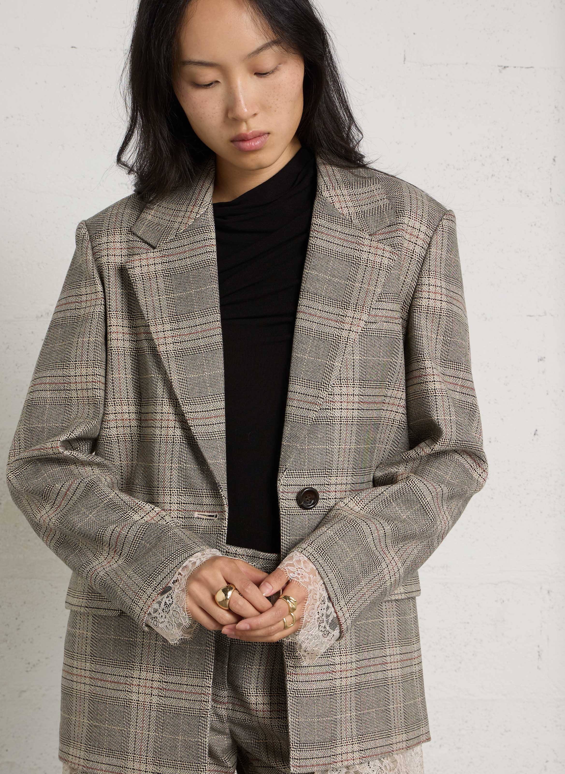 Straight checked blazer with lace LIU JO Grey