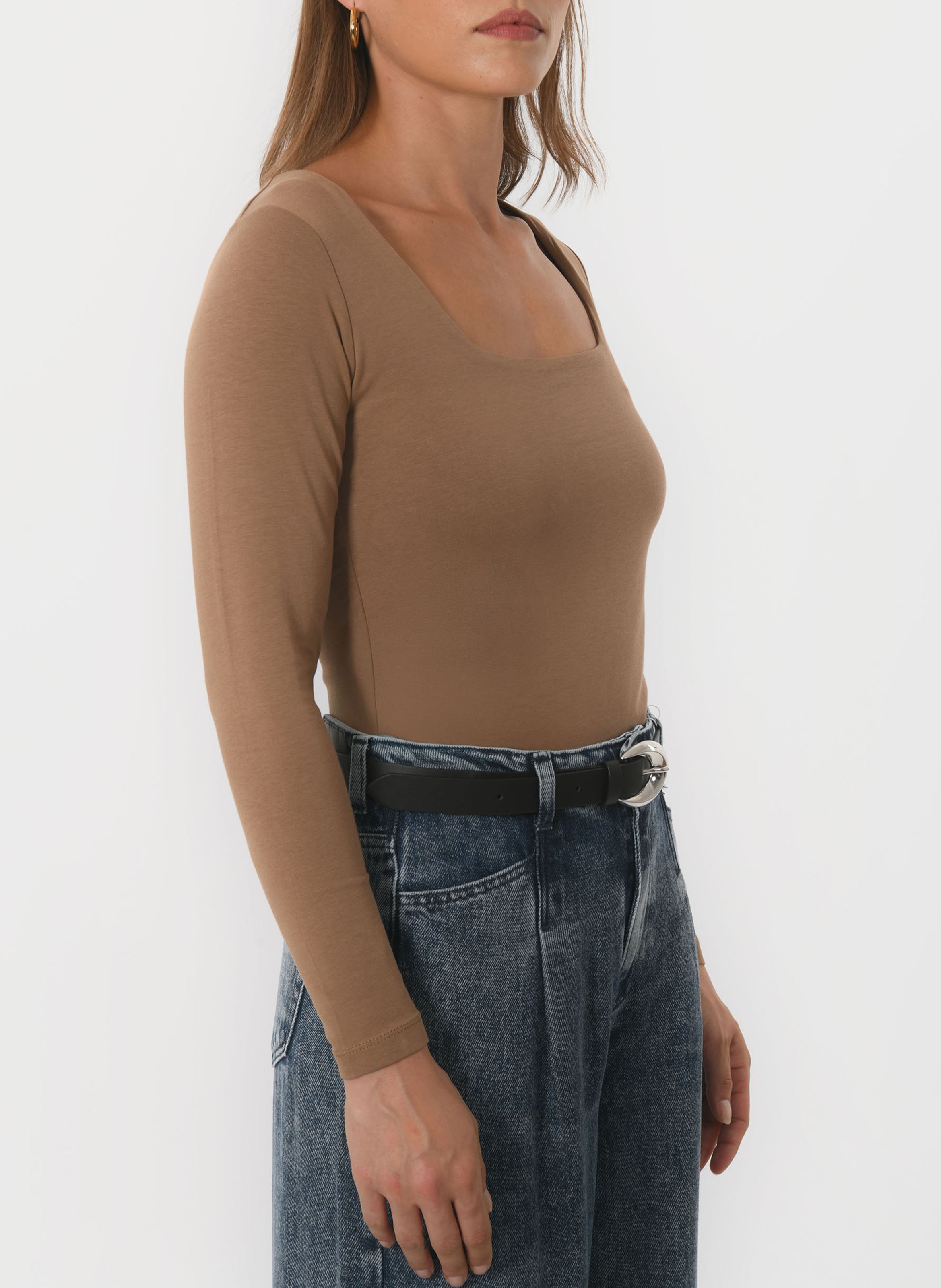 Tee-shirt moulant col carré en coton mélangé KOOKAI Beige