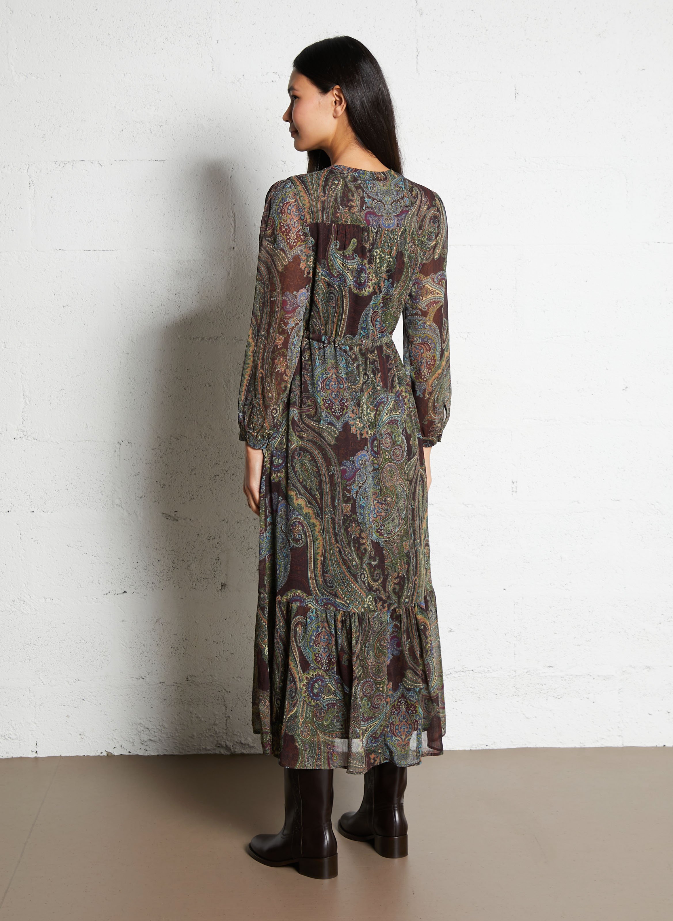 Robe longue encolure V imprimée SUD EXPRESS Marron