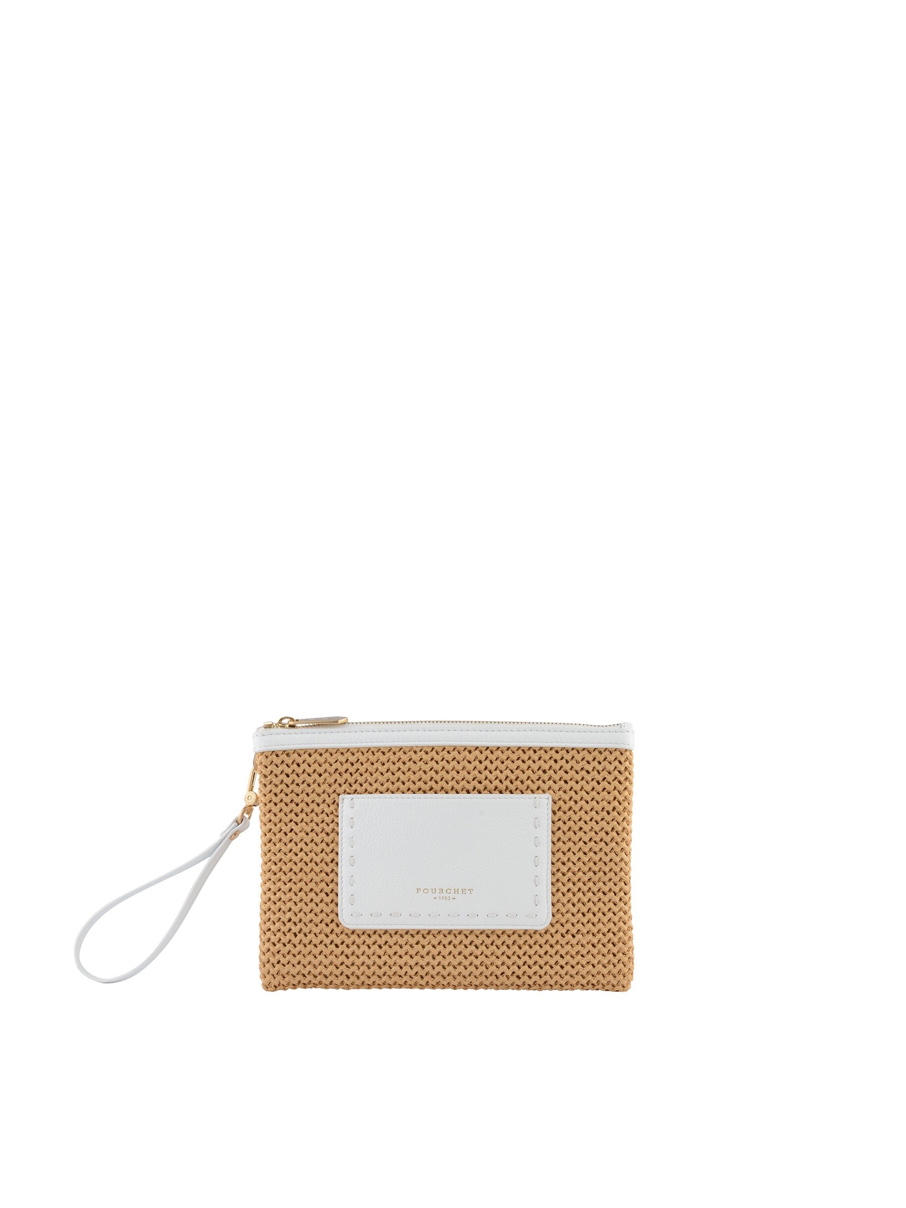 Straw clutch with leather trim POURCHET