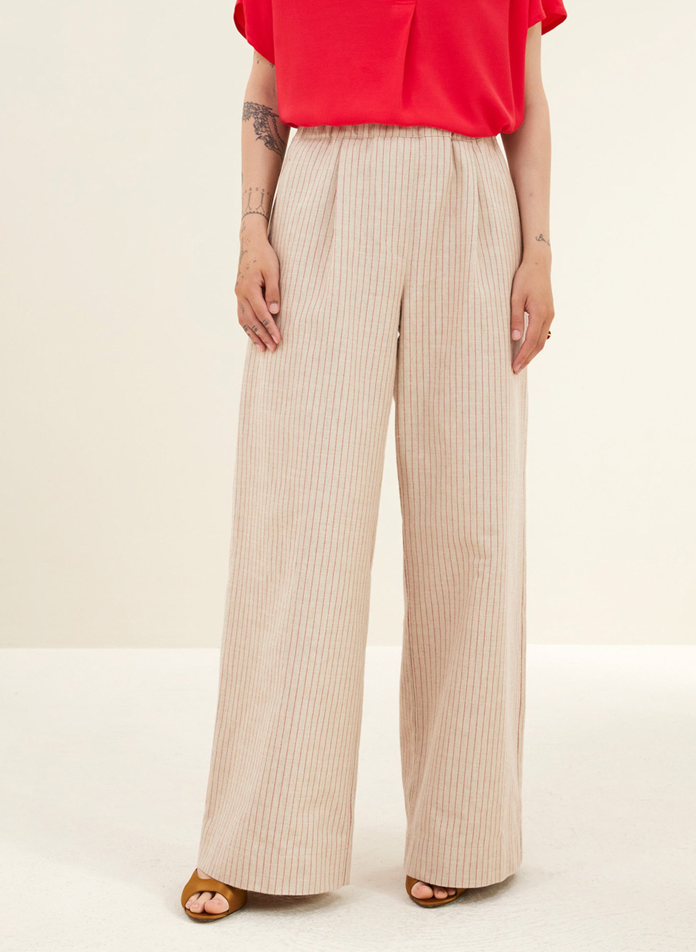 Pantalon taille haute large rayé BY BAR Rouge