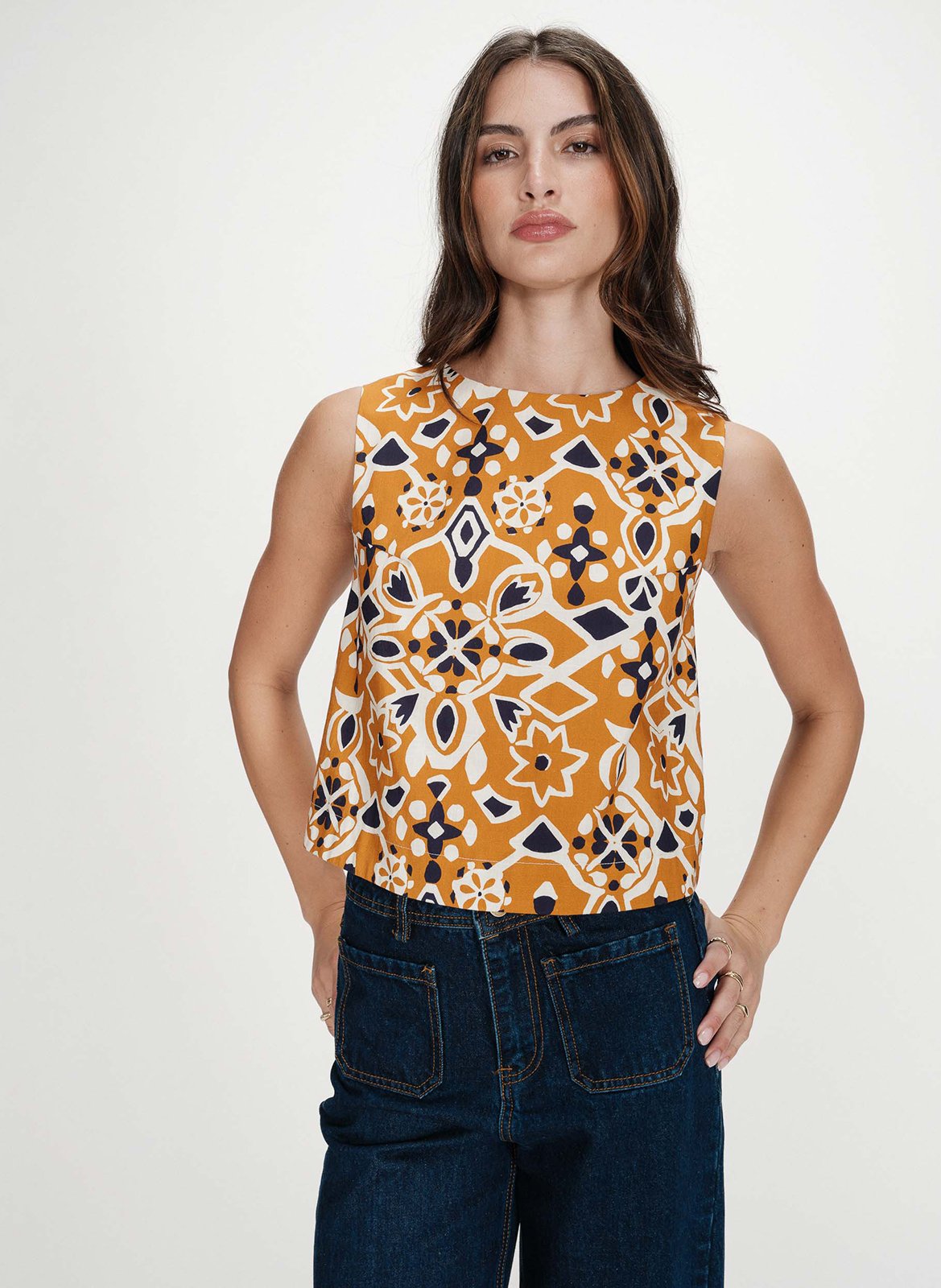 Top droit col rond en coton imprimé GRACE ET MILA Orange