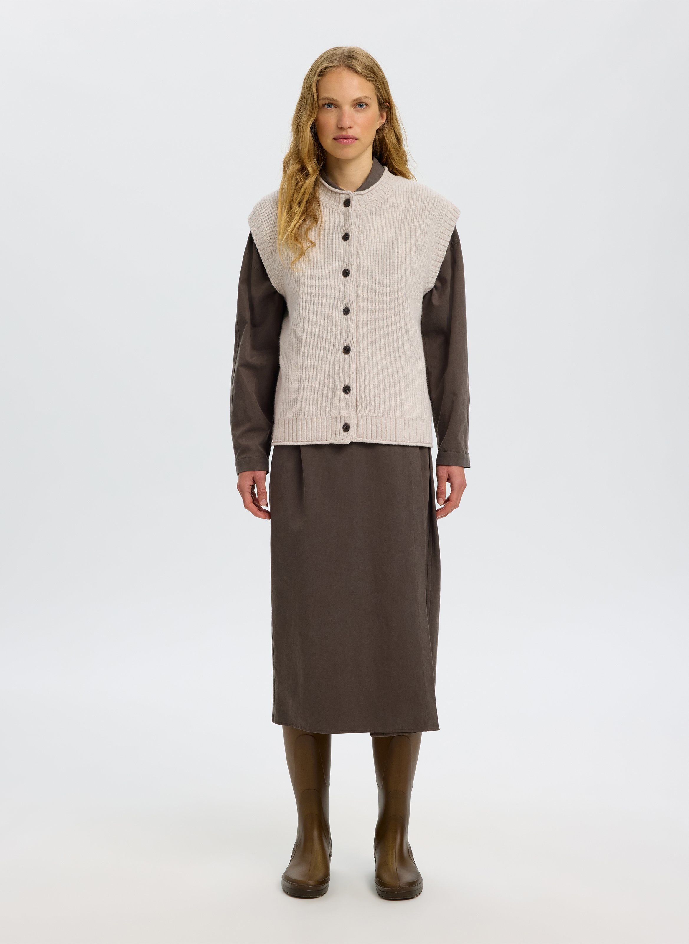 Gilet col rond en laine SELECTED Beige