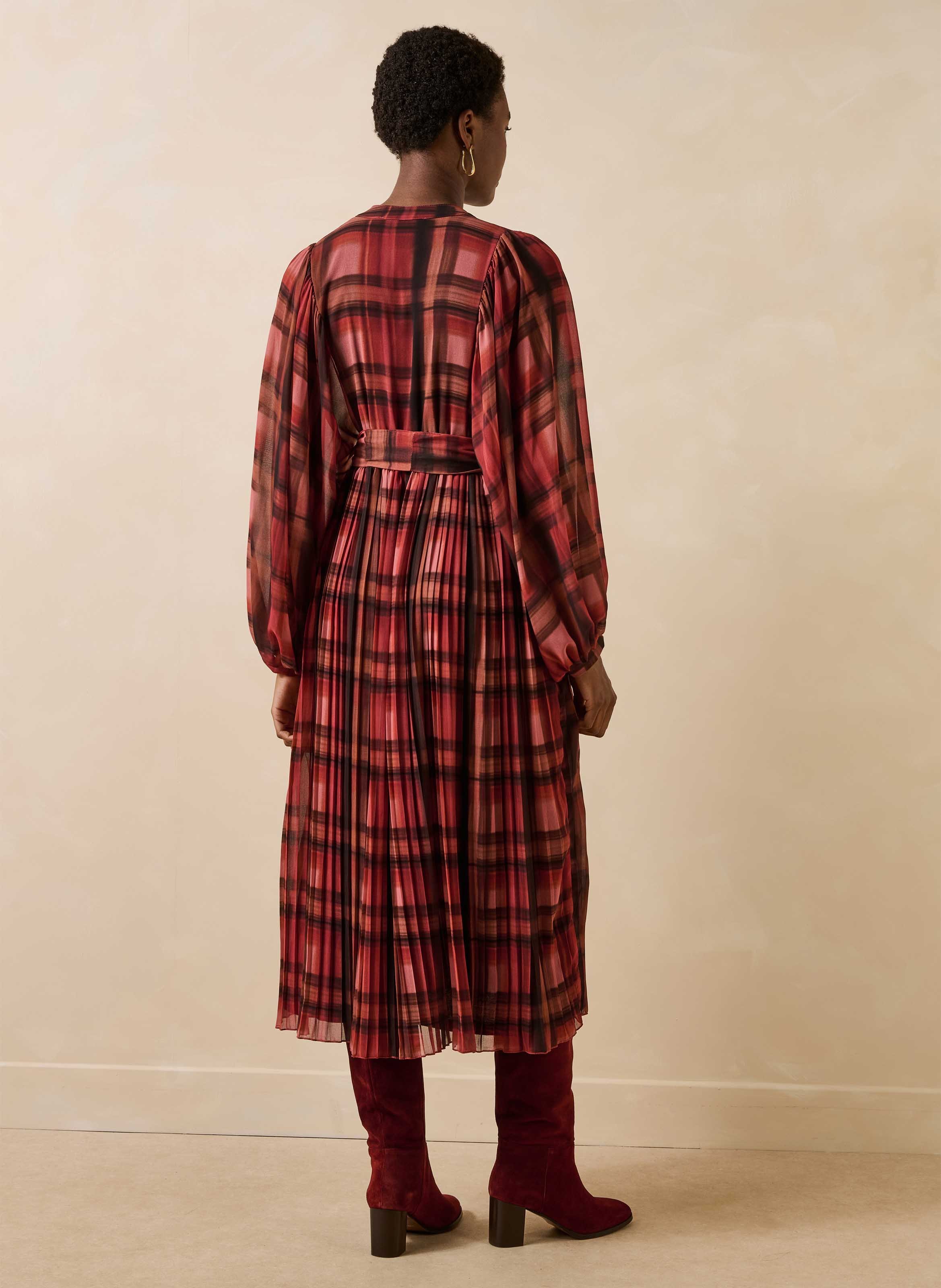 Robe midi ceinturée à carreaux  LA FEE MARABOUTEE Rouge