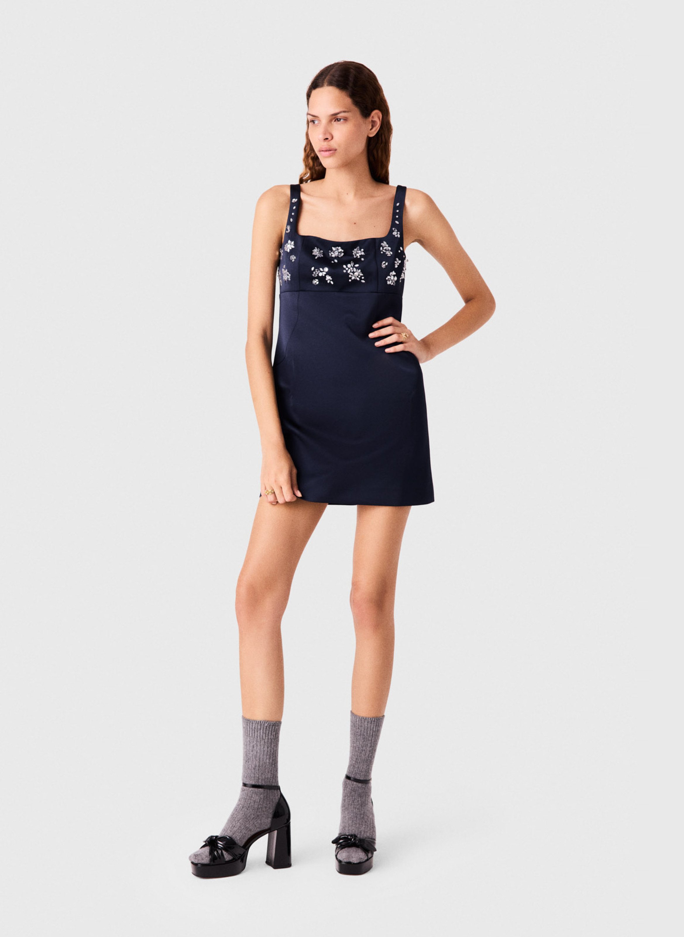 Robe courte droite à strass MAJE Bleu