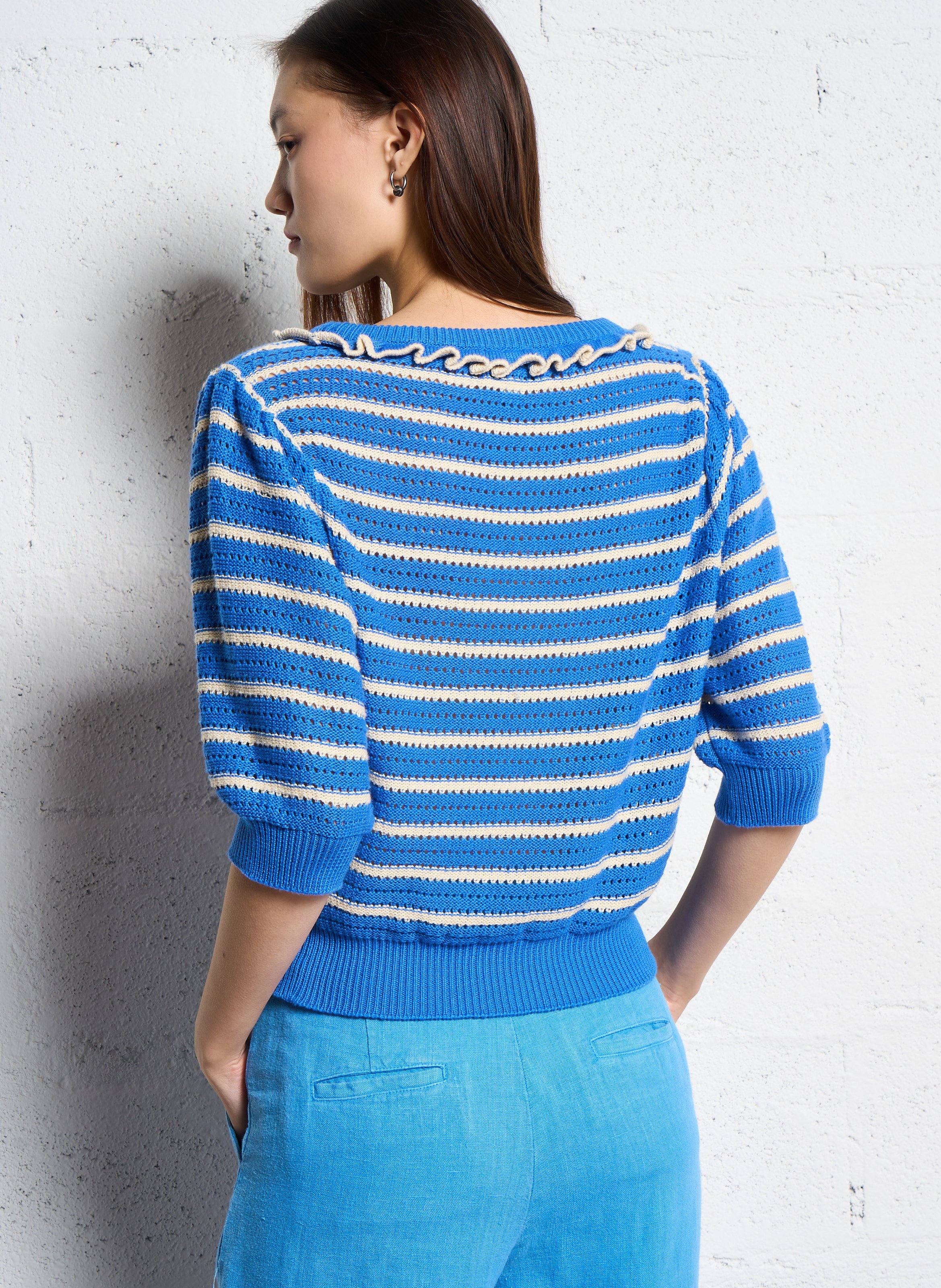 Pull droit col rond en coton Bleu