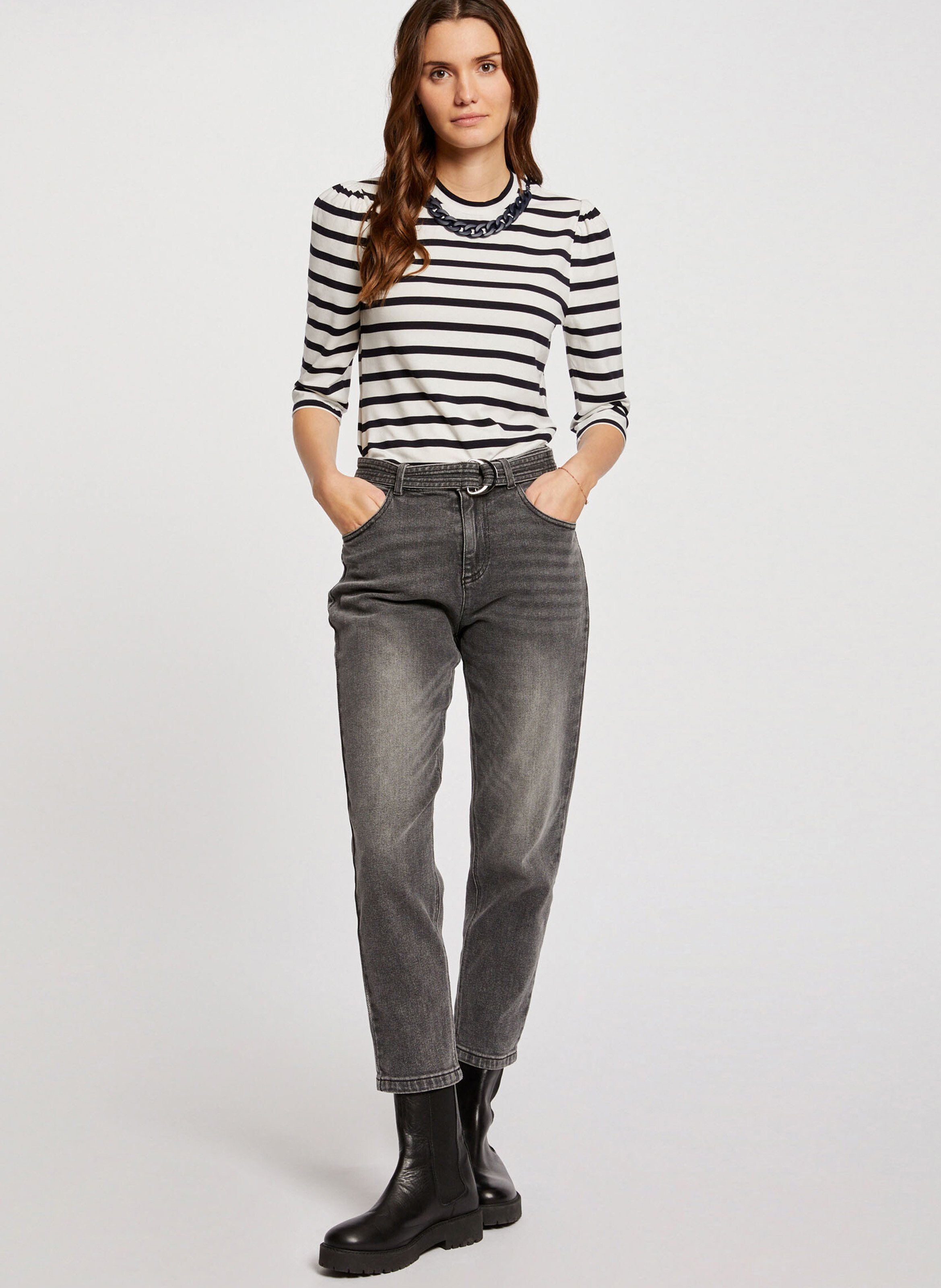 Gerade geschnittenes, gestreiftes Rundhals-T-Shirt aus Baumwoll-Mix MORGAN Weiss