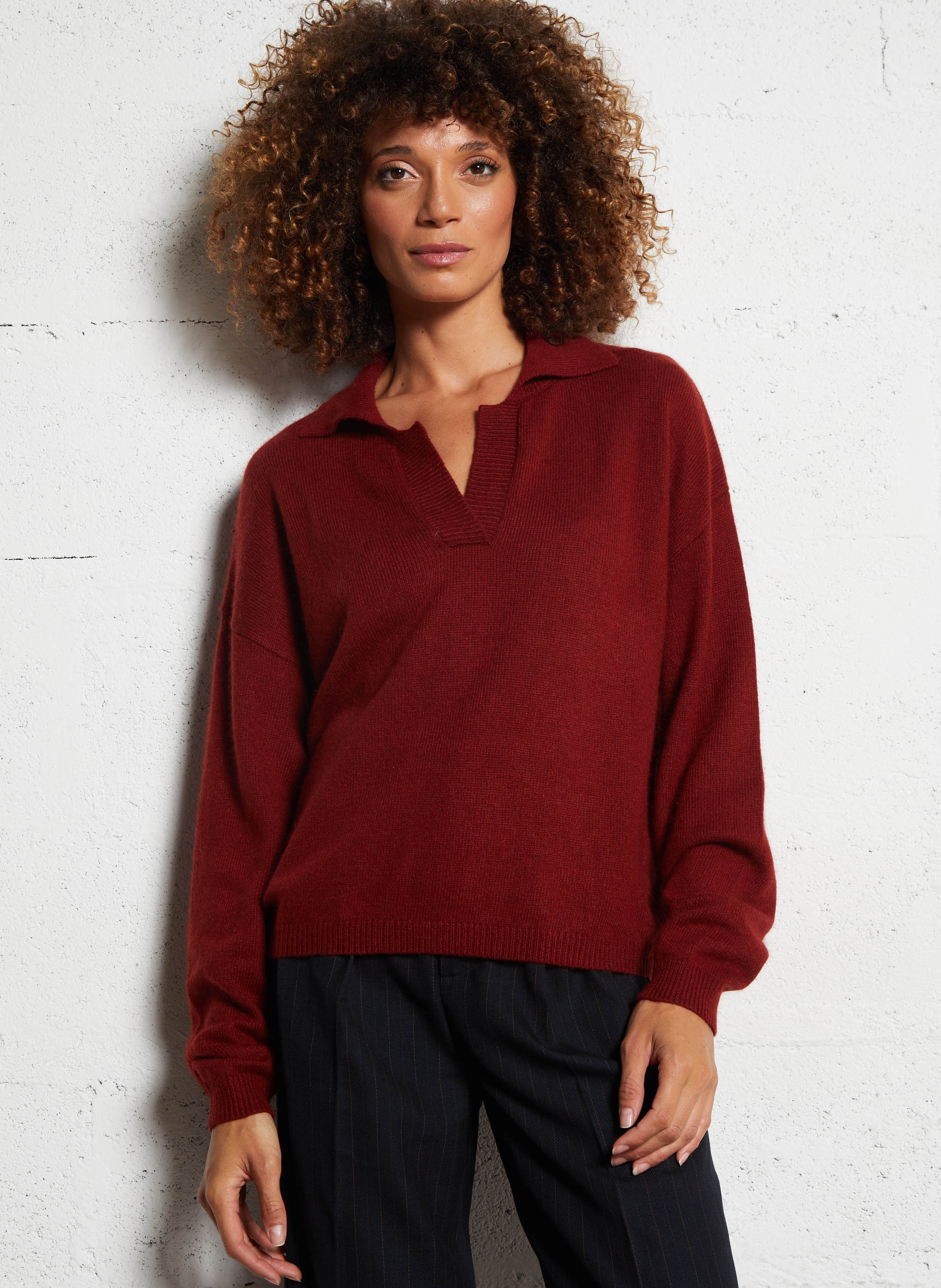 Pull col V droit uni  SEE U SOON Rouge