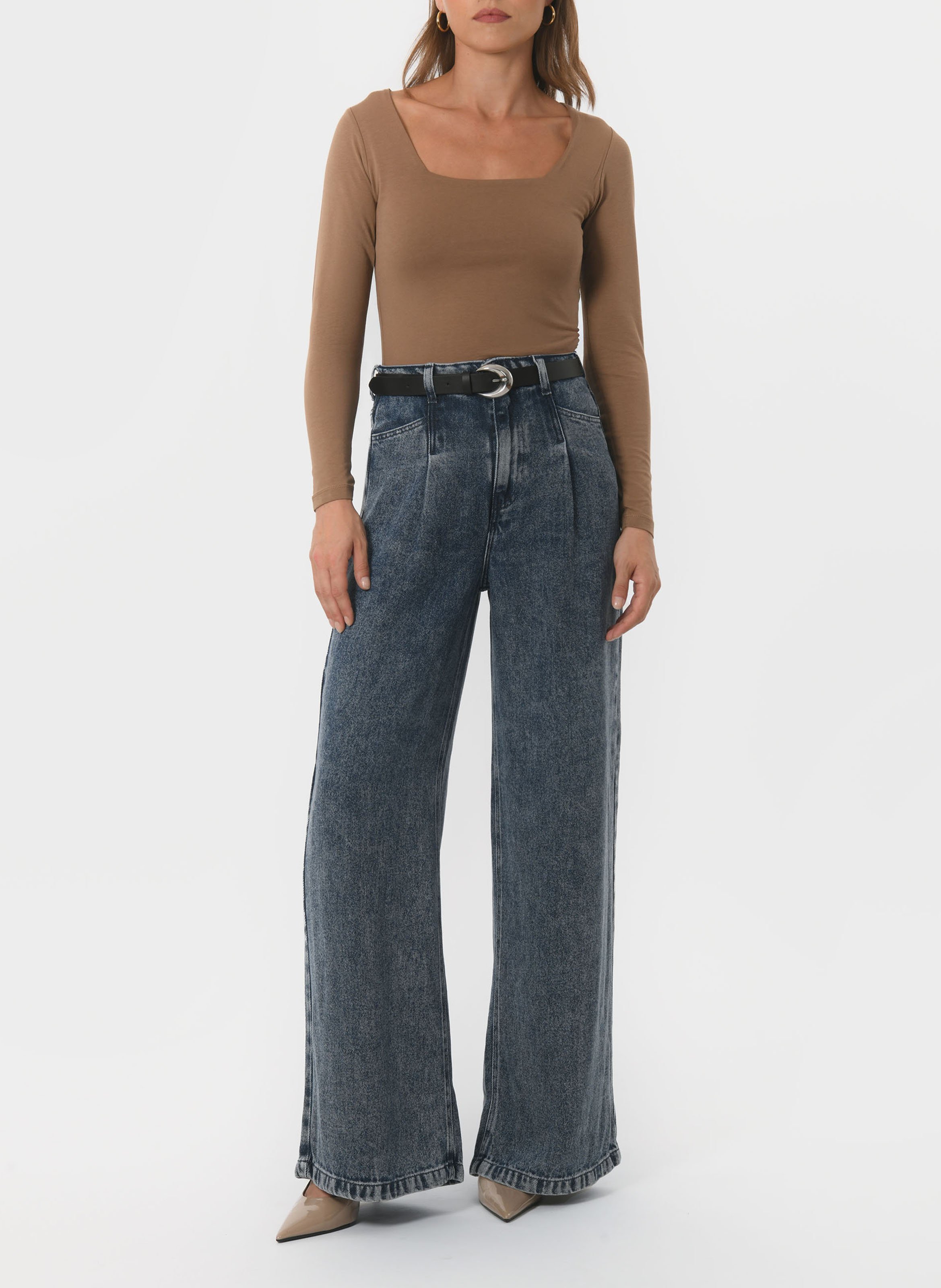 Tee-shirt moulant col carré en coton mélangé KOOKAI Beige