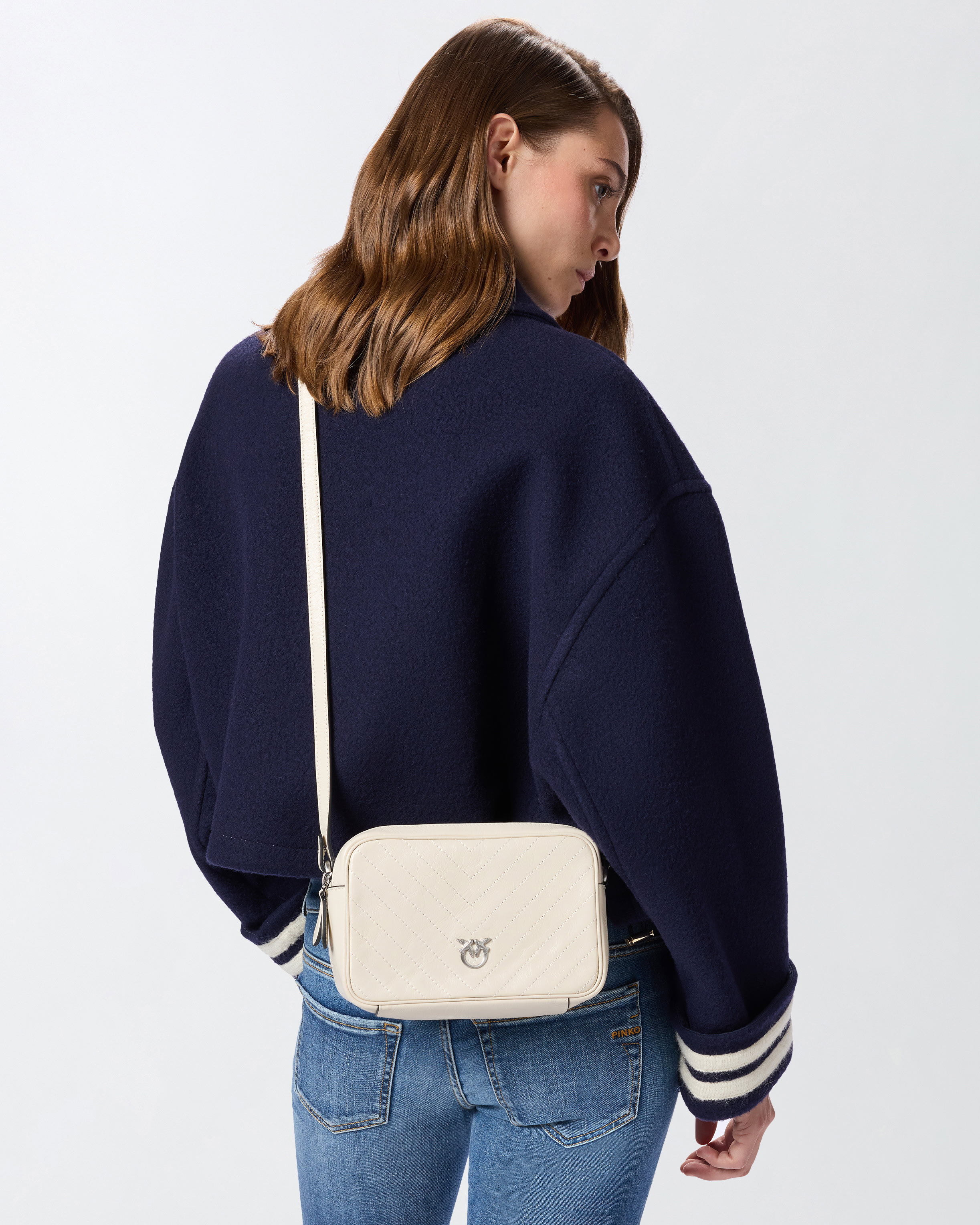 Medium Chevron Leather Camera Crossbody Bag PINKO White