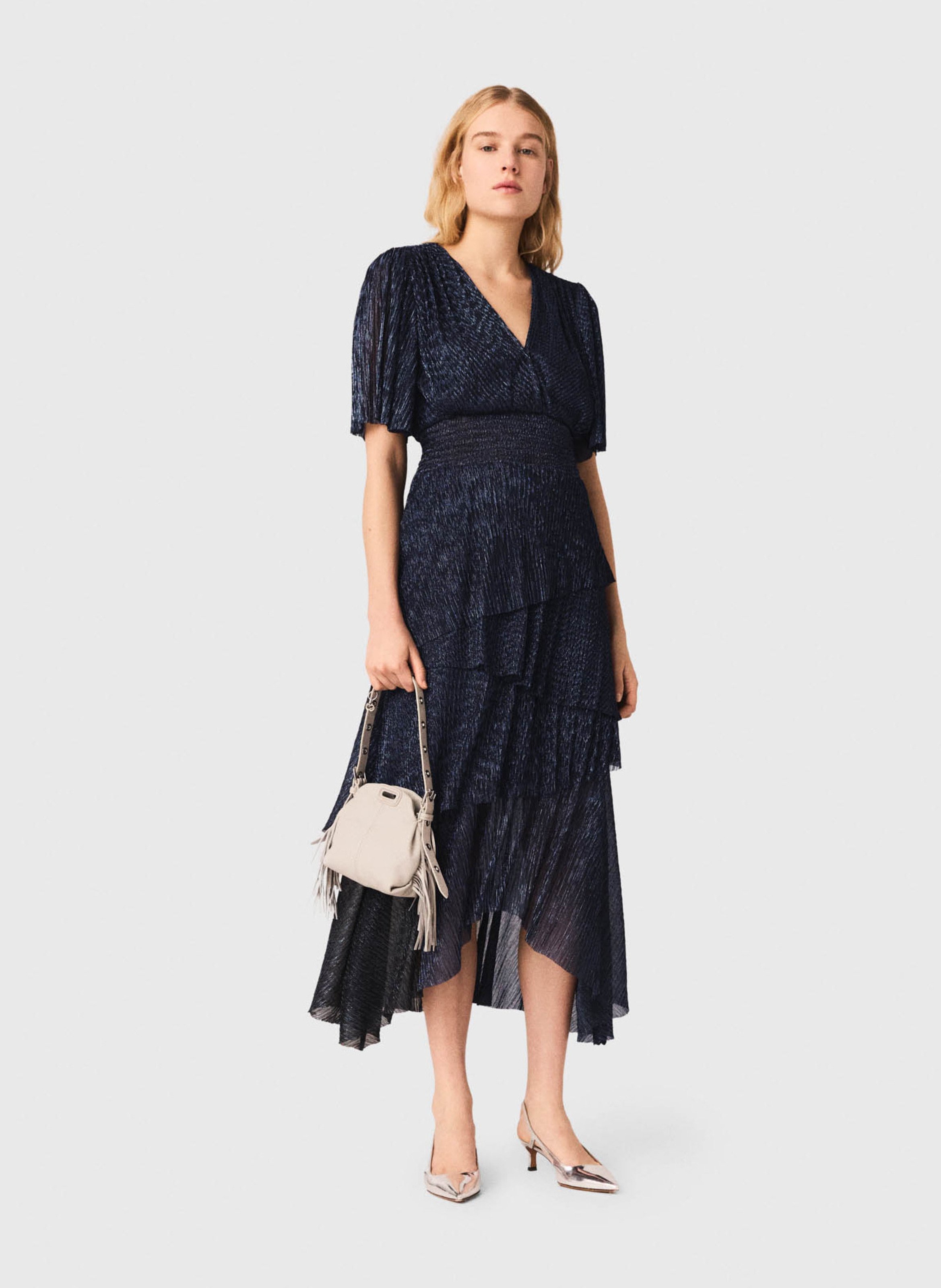 Robe midi évasée col V MAJE Bleu