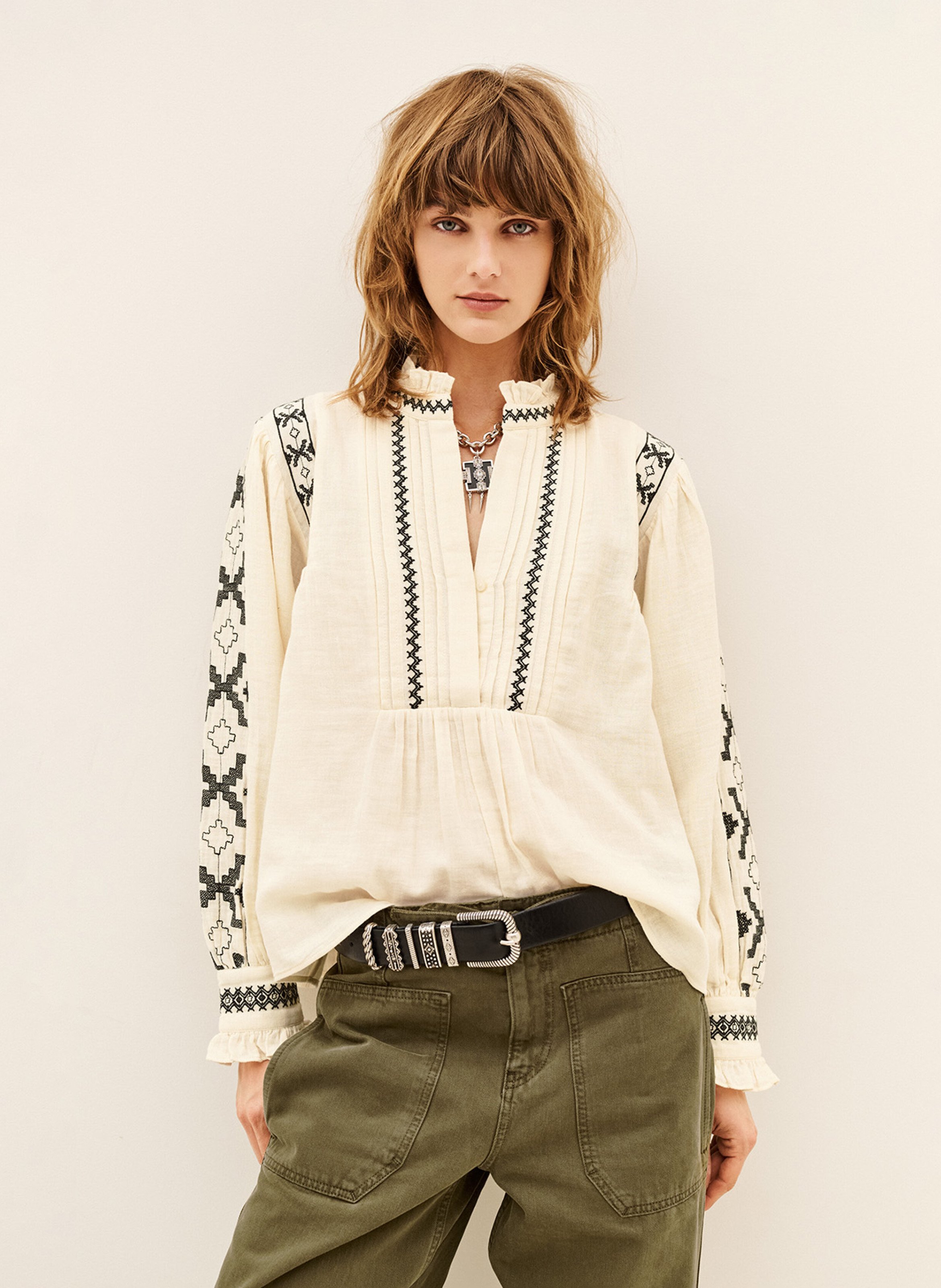 Blouse ample brodée en coton BA&SH Beige