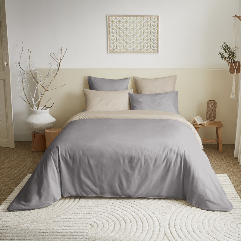 Complete set of 6 pieces taupe/lin reversible duvet cover for 180 x 200 cm bed "king size" COTON PUR Beige