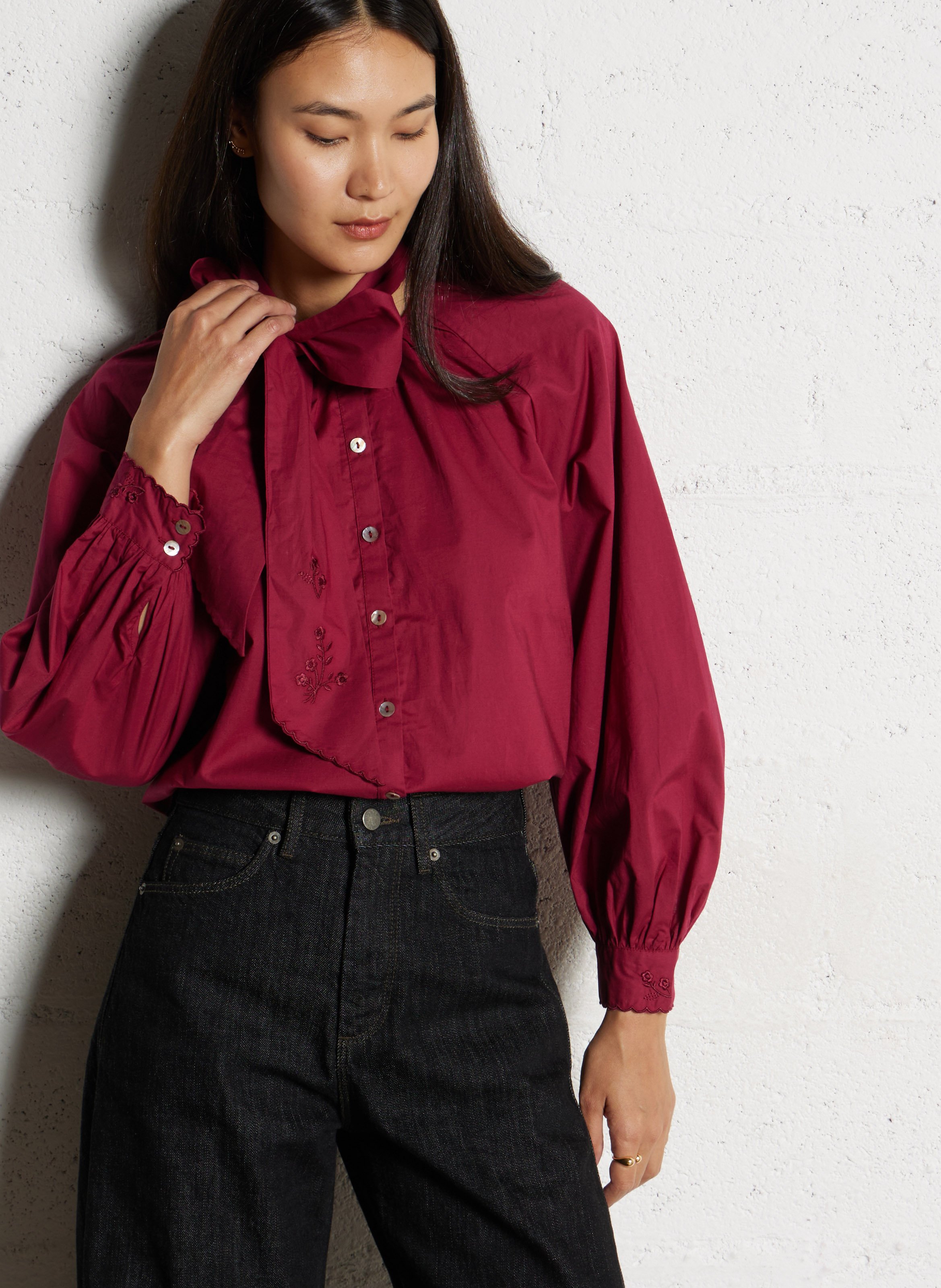 Shirt with lavallière collar in cotton DES PETITS HAUTS Purple