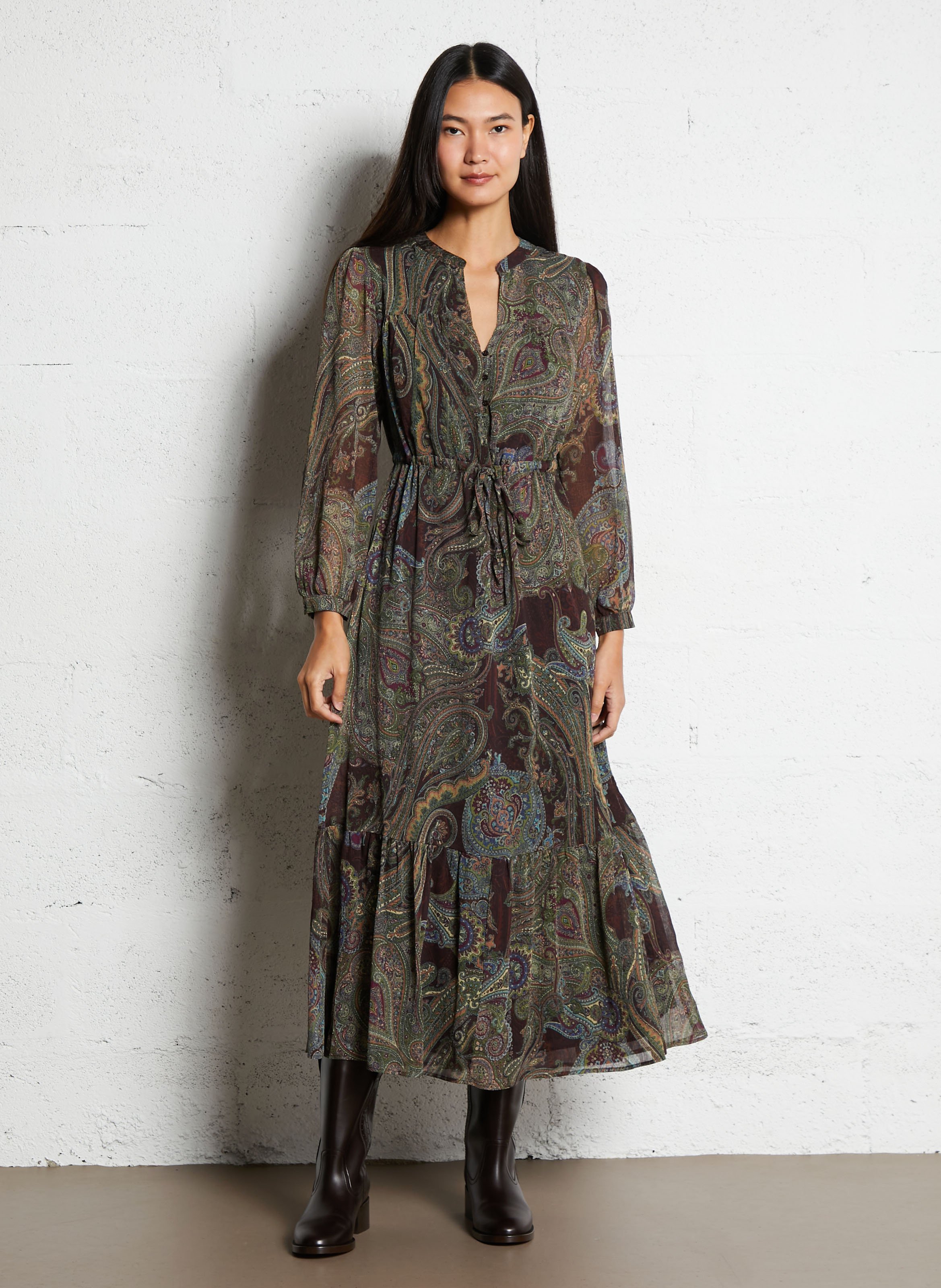 Robe longue encolure V imprimée SUD EXPRESS Marron