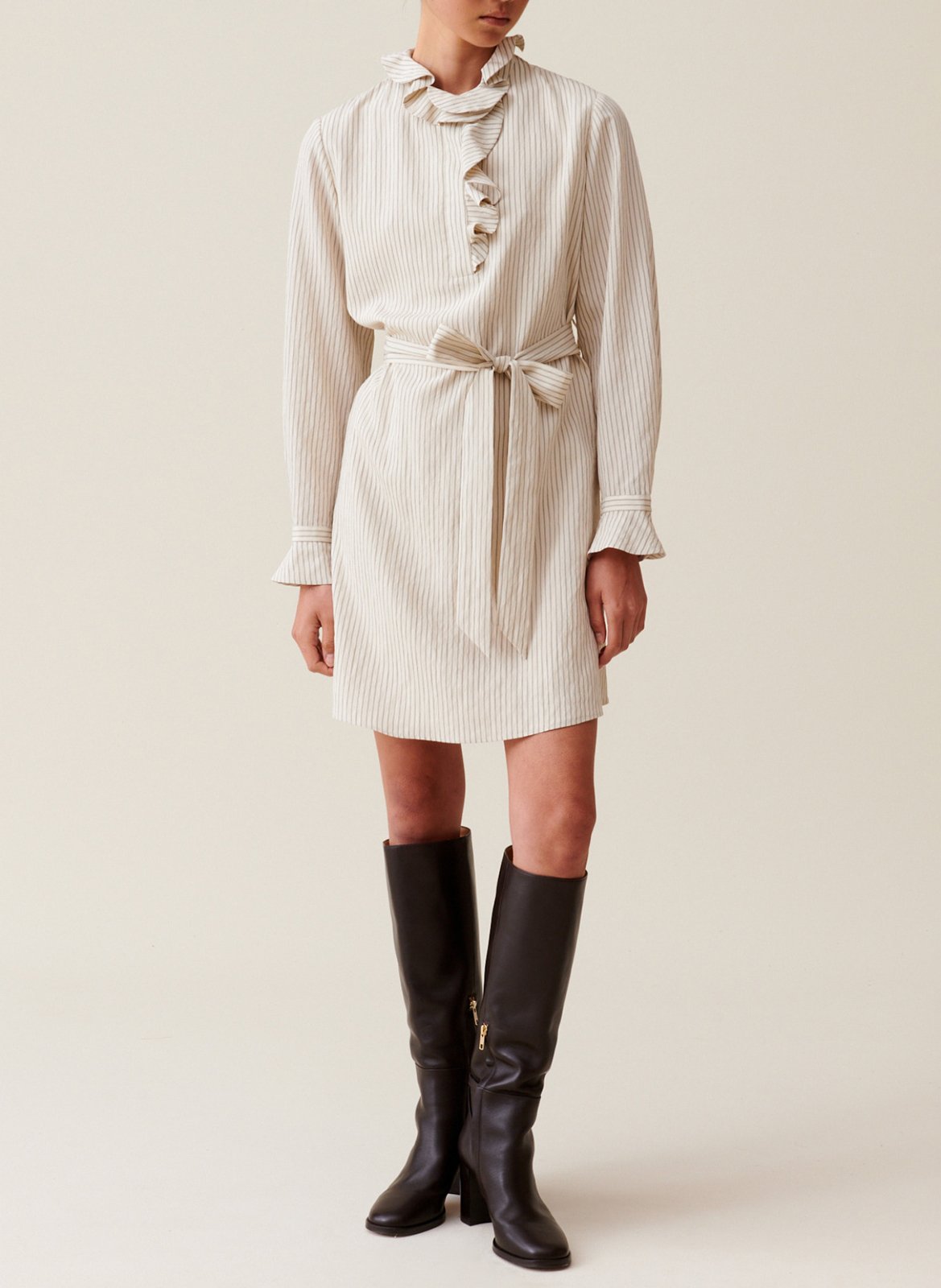 Robe courte col volanté rayée CLAUDIE PIERLOT Beige