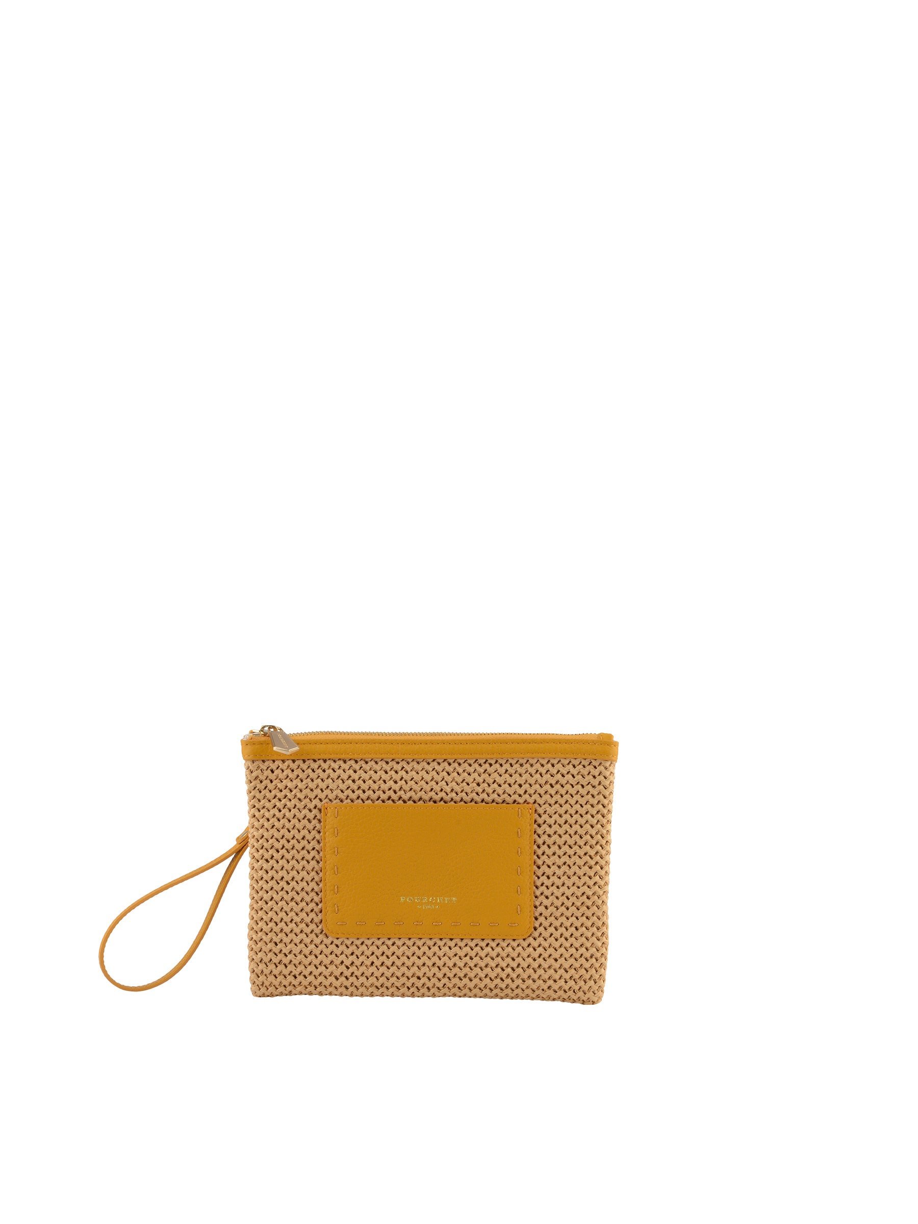 Straw clutch with leather trim POURCHET Orange