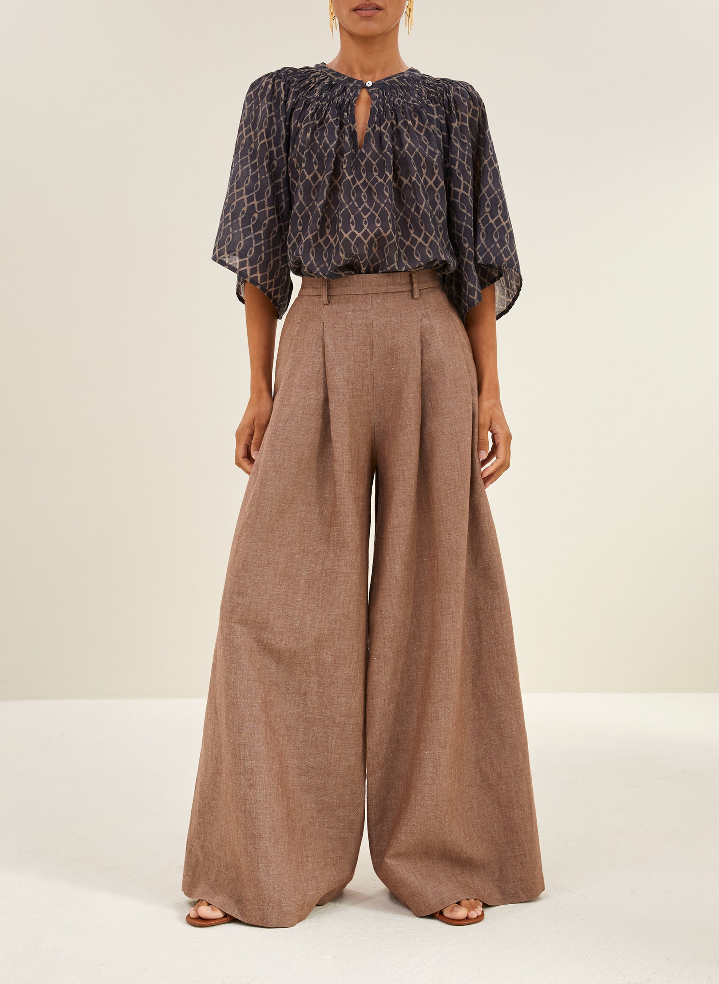 Pantalon large en coton et lin BY BAR Marron