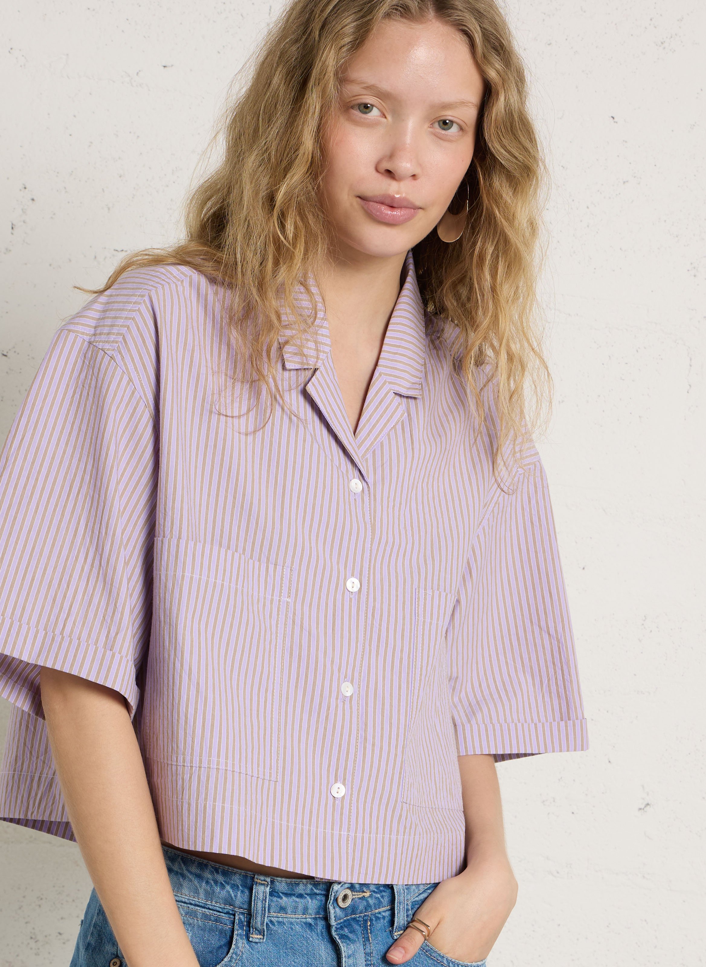 Chemise crop ample col tailleur rayée en coton THE KORNER Violet