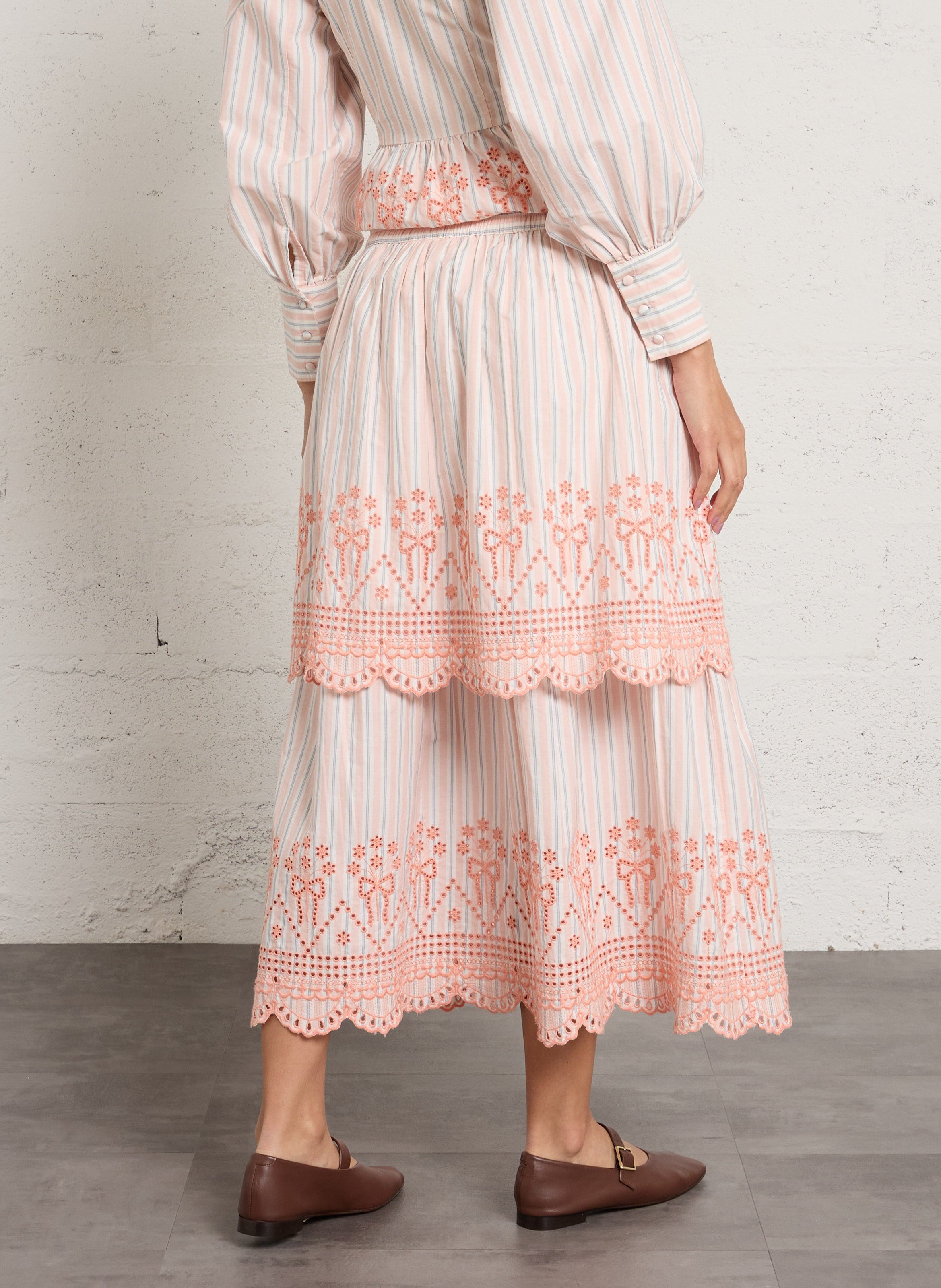 Long organic cotton striped and embroidered skirt DAMSON MADDER Orange