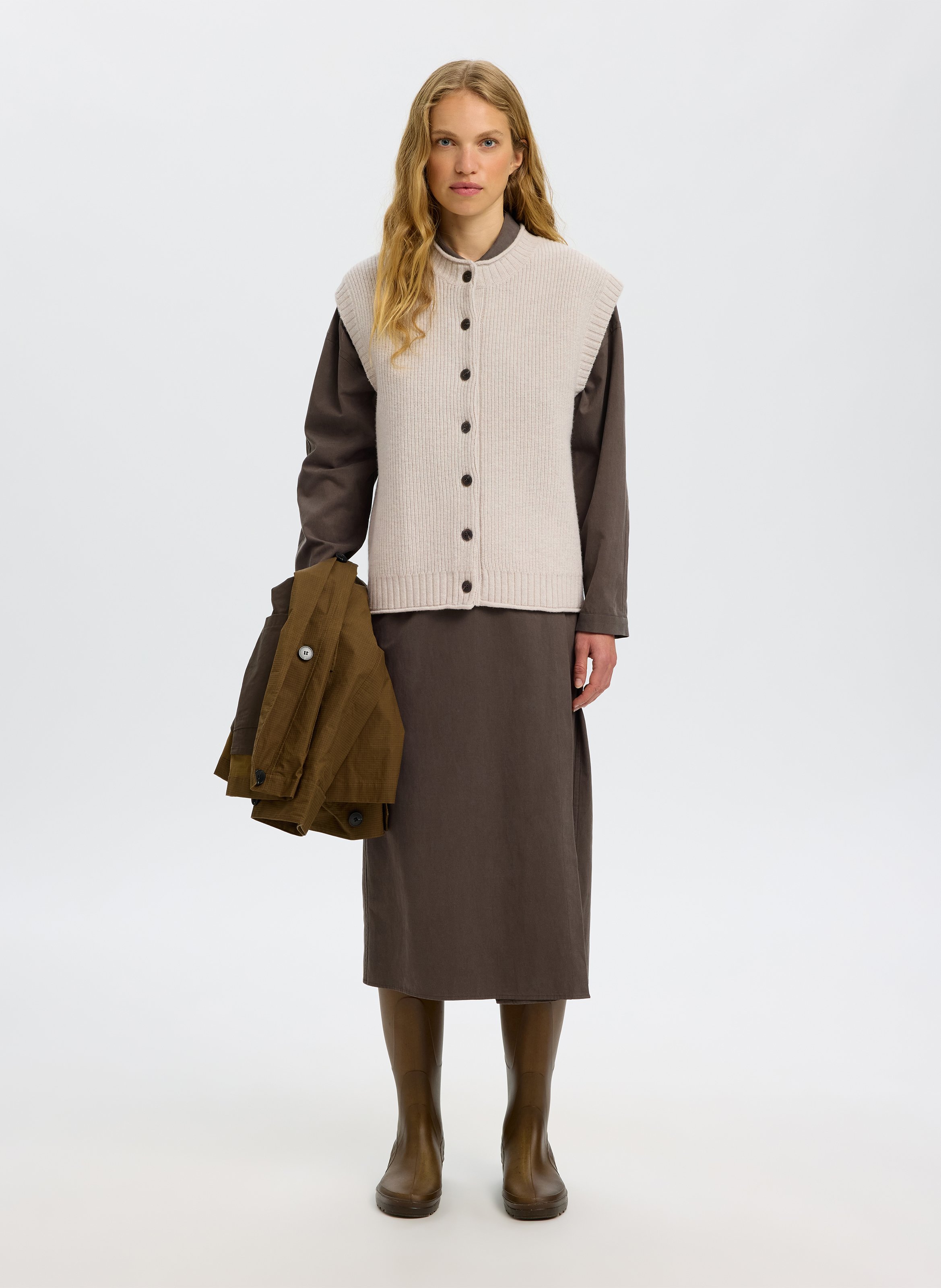 Gilet col rond en laine SELECTED Beige