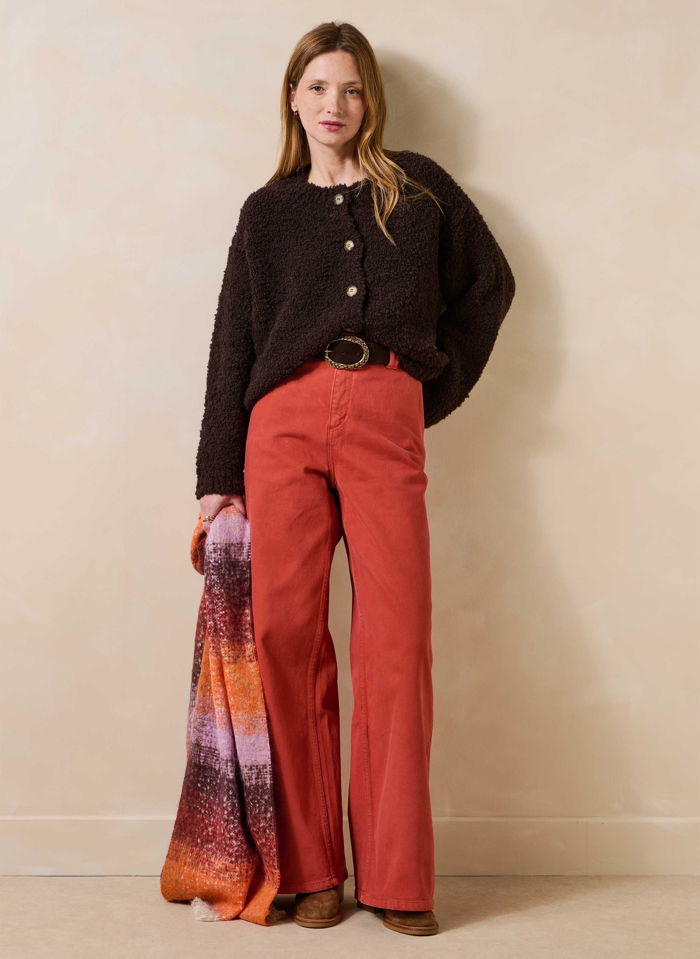Gilet oversize col rond en maille LA FEE MARABOUTEE Marron