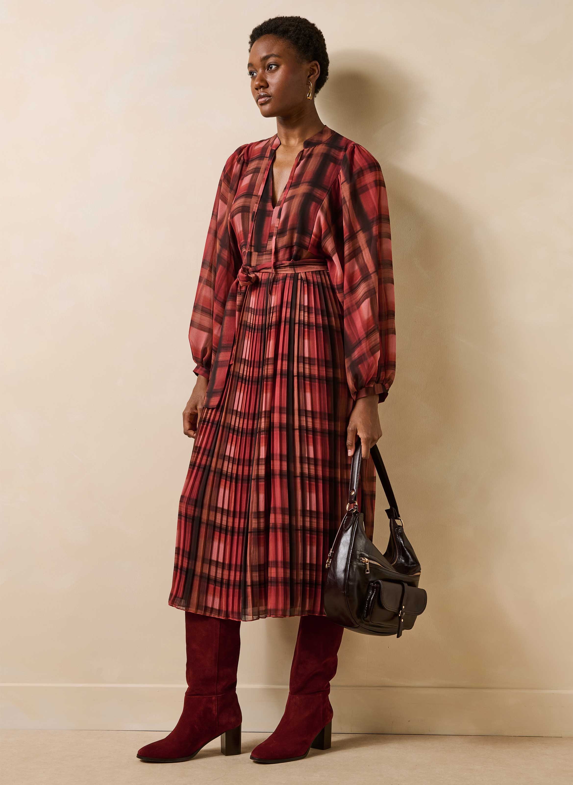 Robe midi ceinturée à carreaux  LA FEE MARABOUTEE Rouge