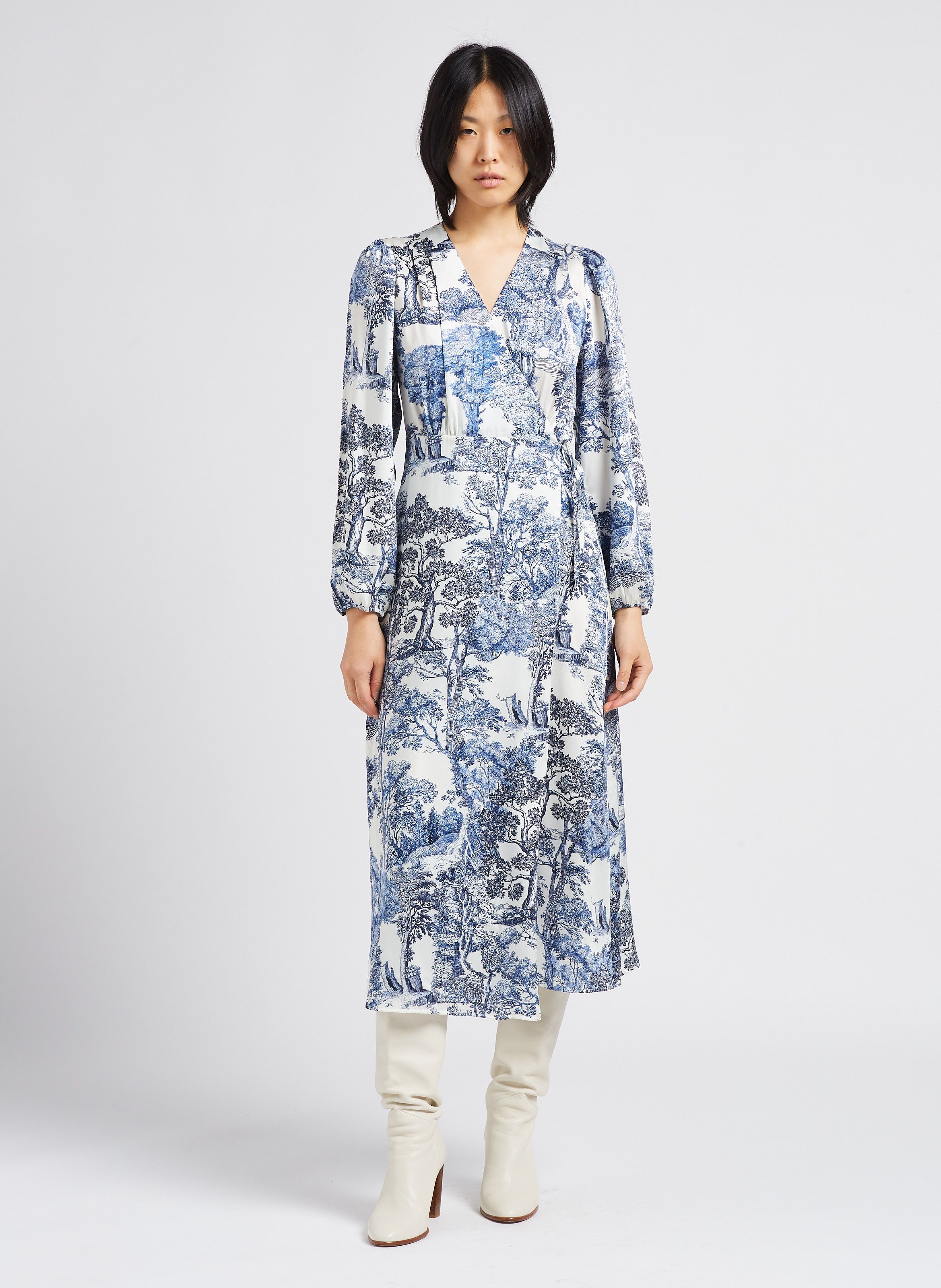 Robe midi portefeuille imprim e Bleu