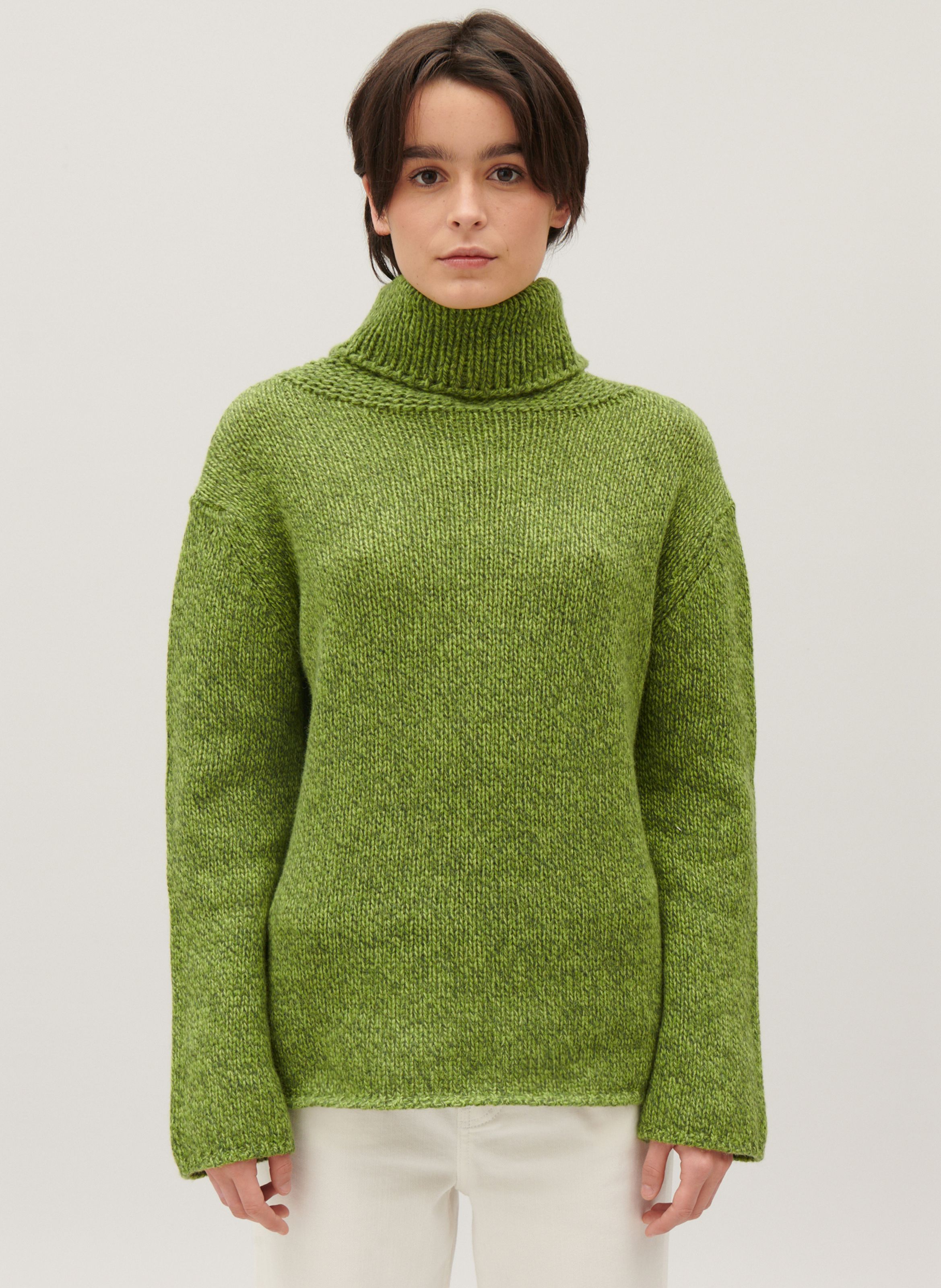 Pull droit col roul en laine m lang e Vert