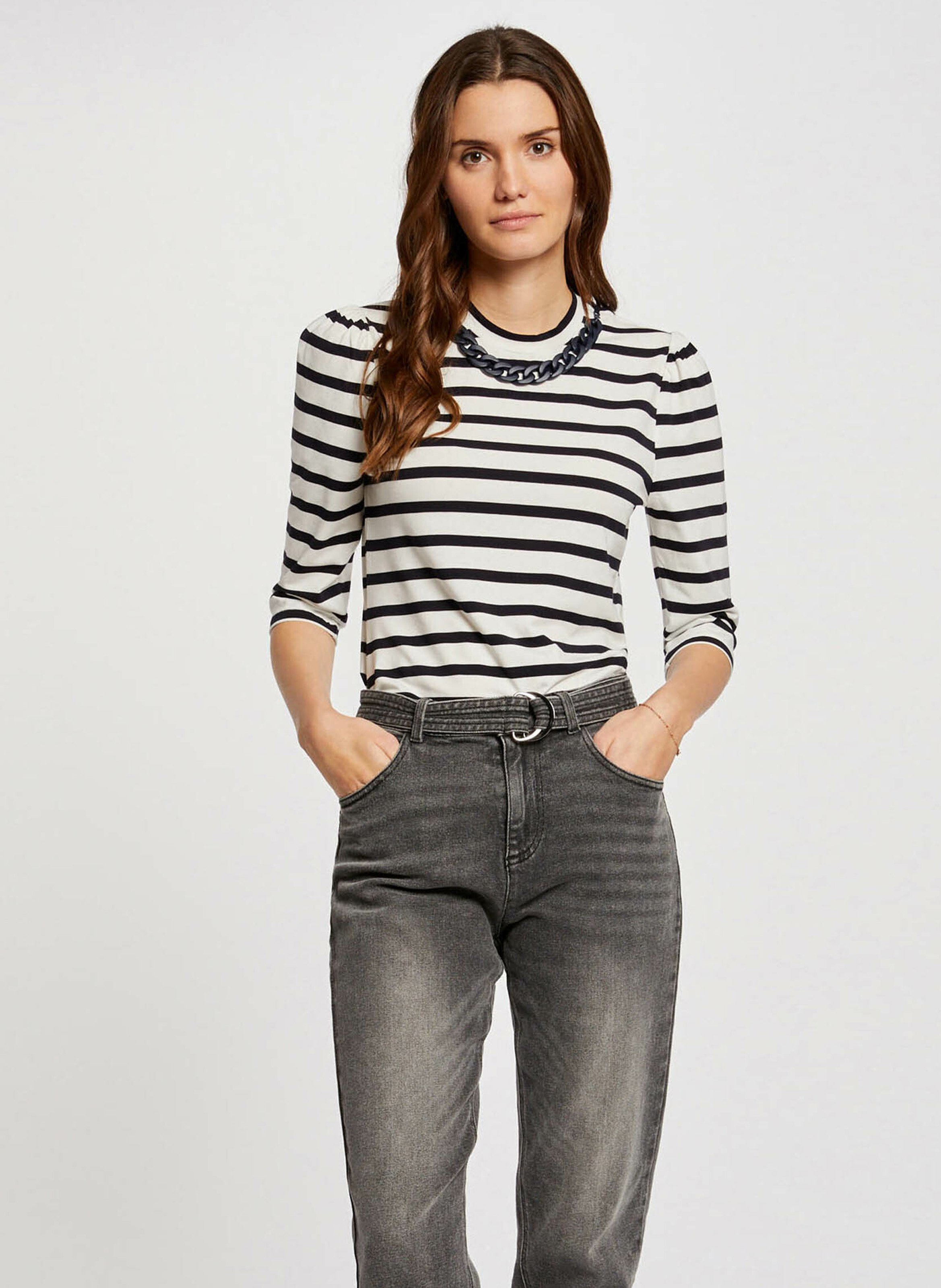 Gerade geschnittenes, gestreiftes Rundhals-T-Shirt aus Baumwoll-Mix MORGAN Weiss