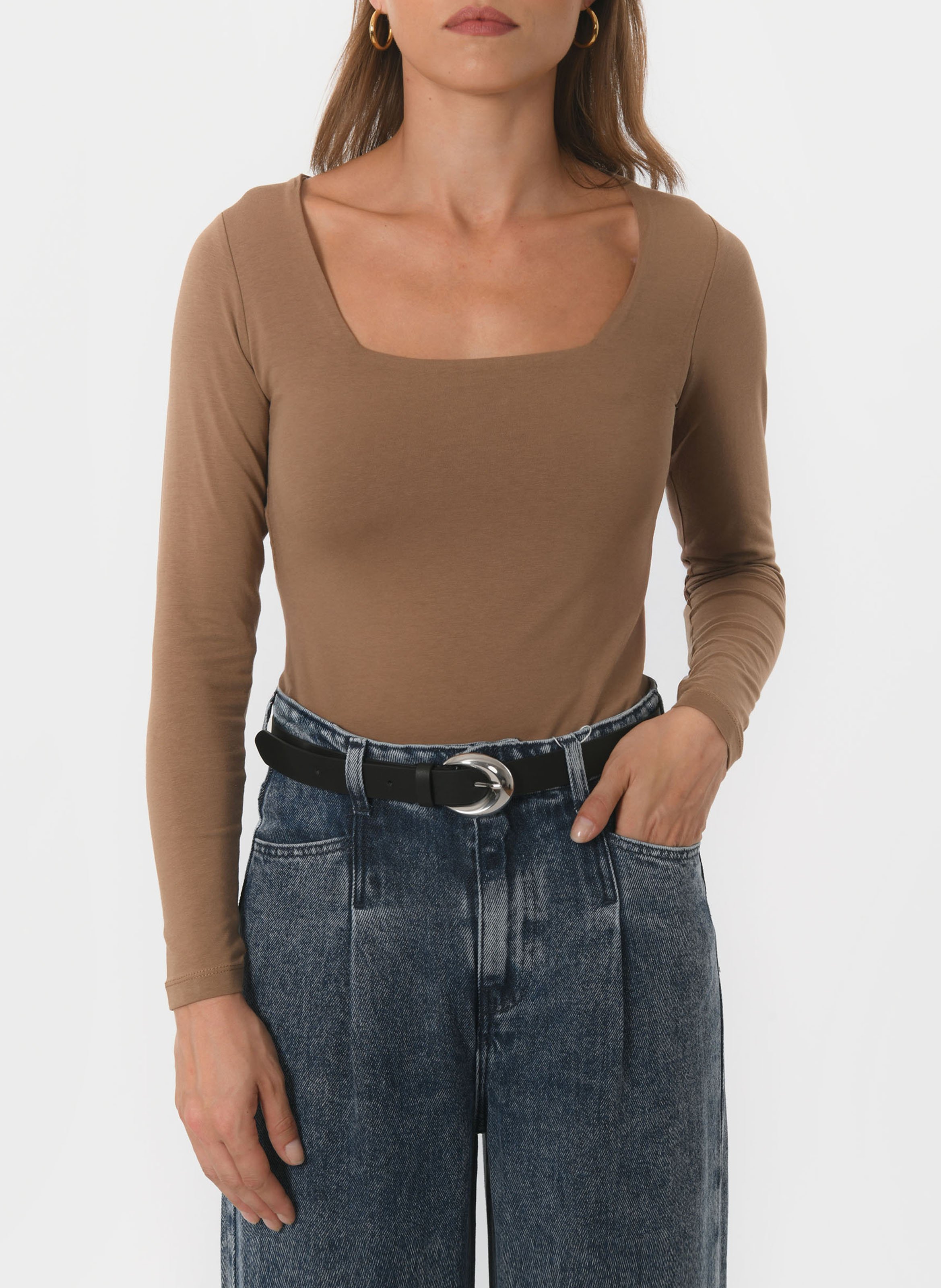 Tee-shirt moulant col carré en coton mélangé KOOKAI