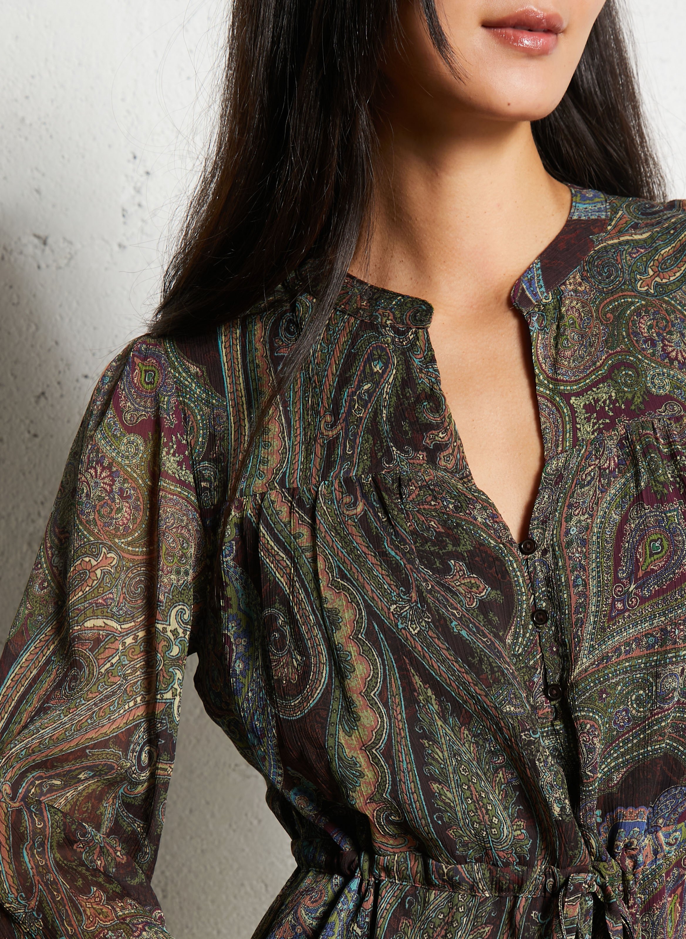 Robe longue encolure V imprimée SUD EXPRESS Marron