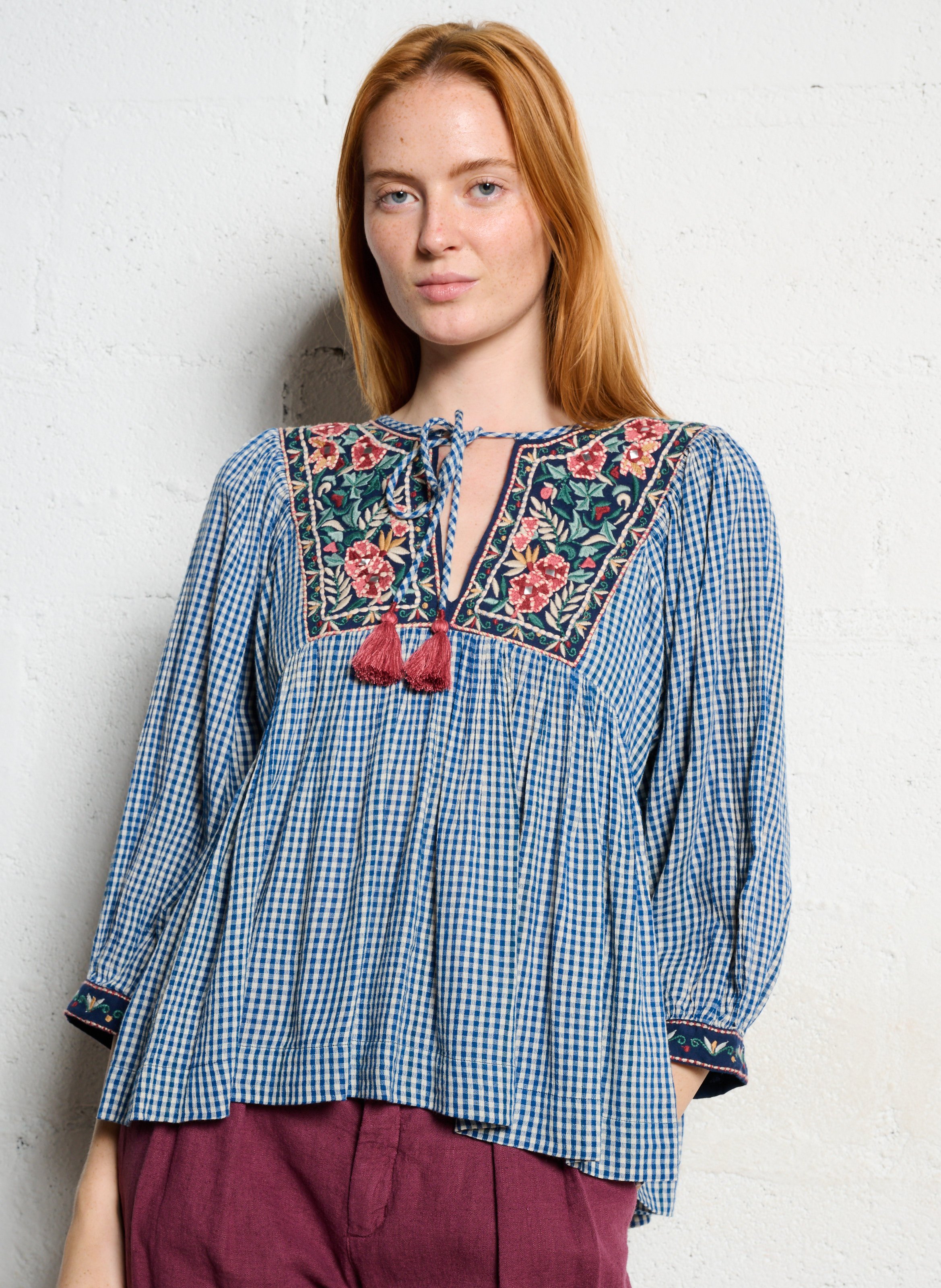 Oversized blouse with Tunisian collar in printed cotton MAISON HOTEL Blue