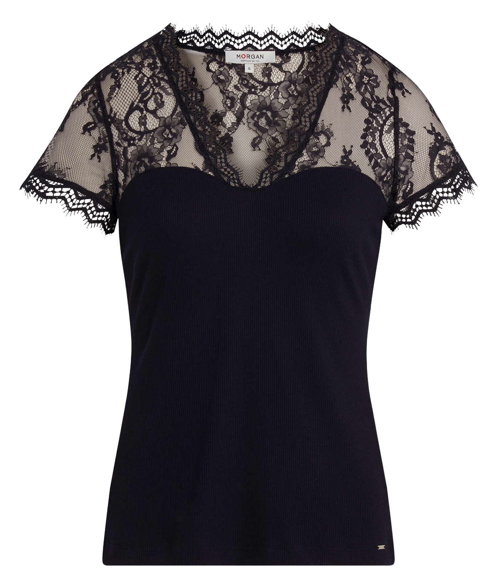 Crepe and lace V-neck t-shirt MORGAN Blue