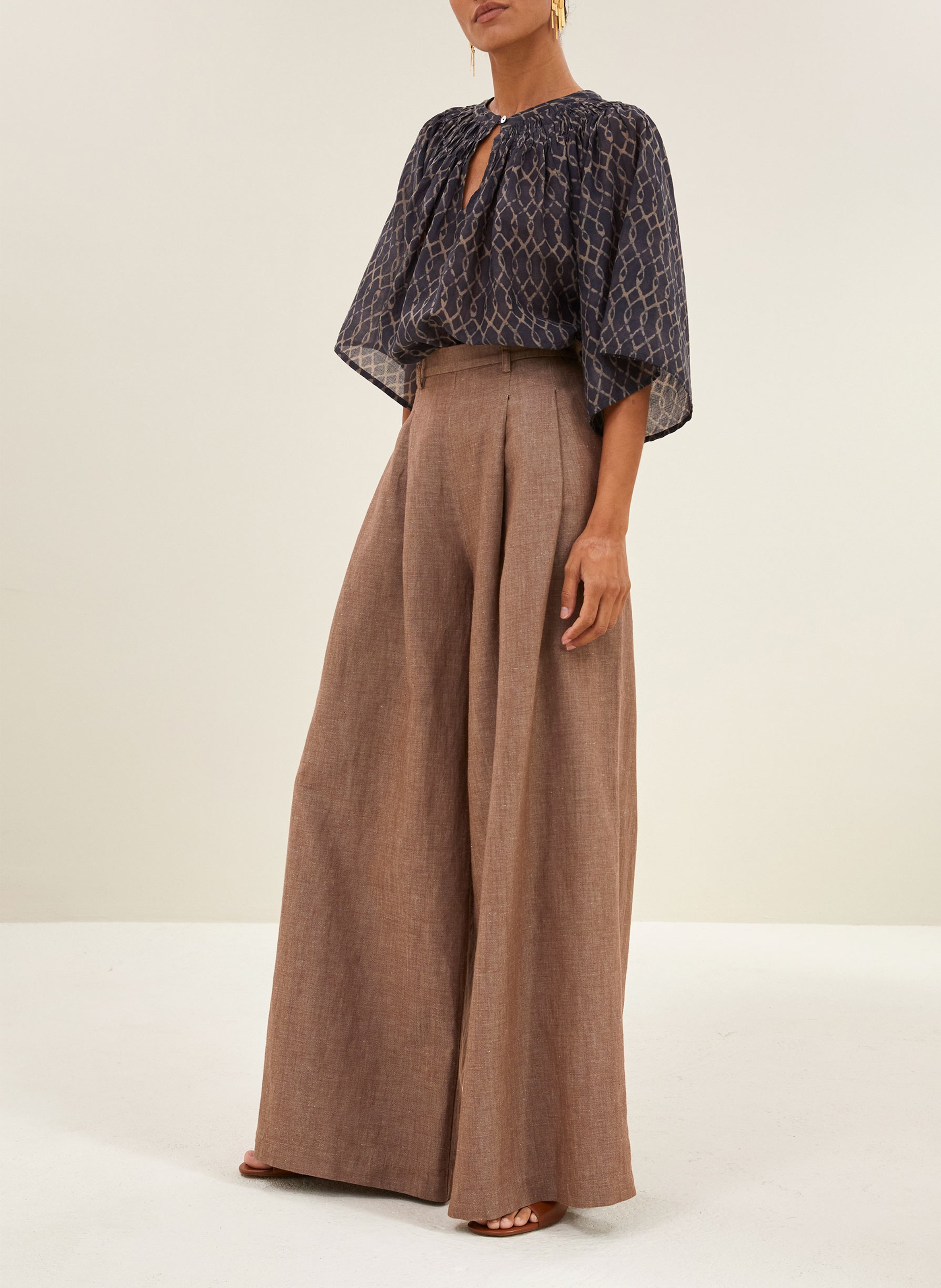 Pantalon large en coton et lin BY BAR Marron