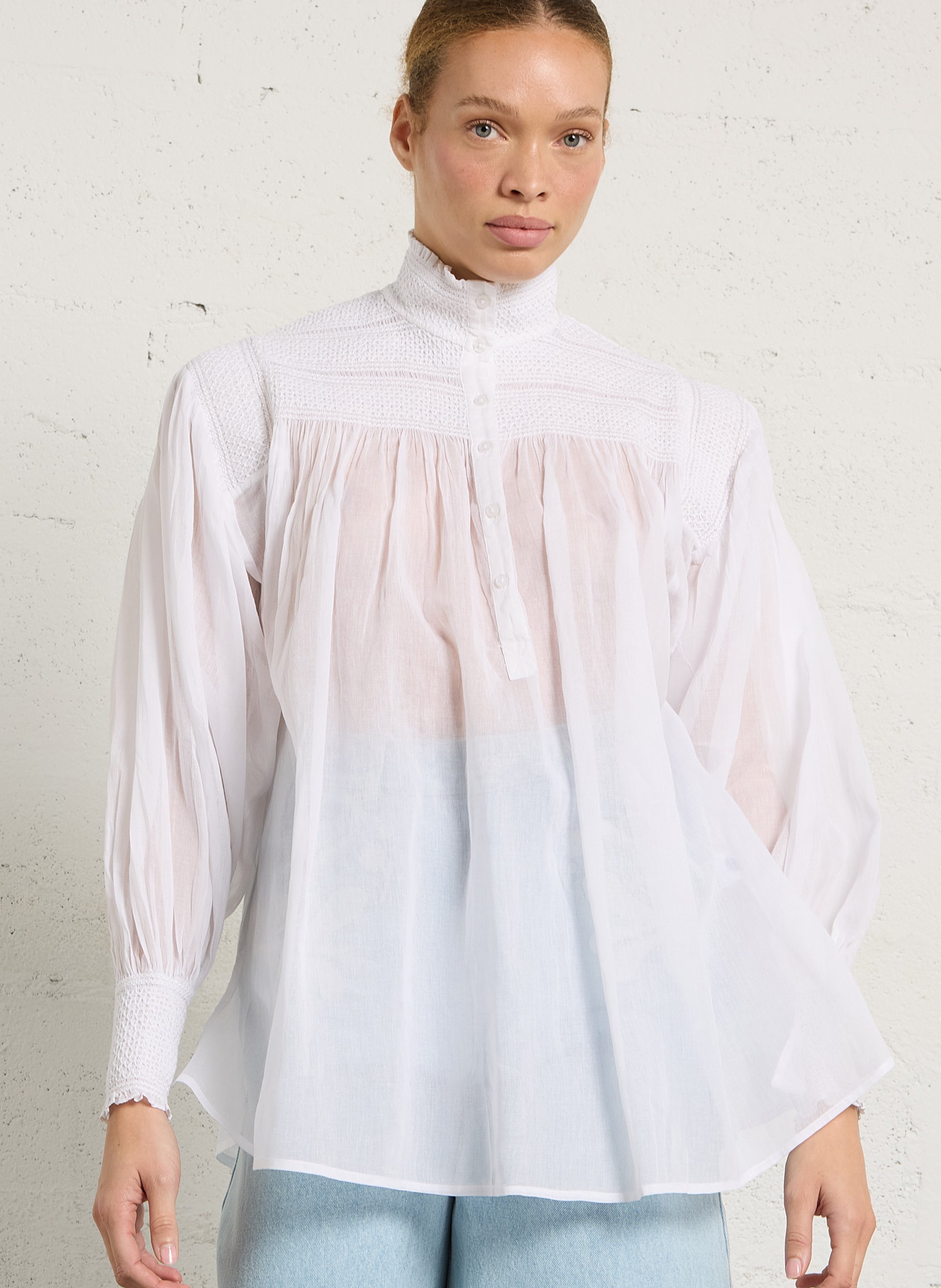 Blouse col montant en coton MES DEMOISELLES Blanc