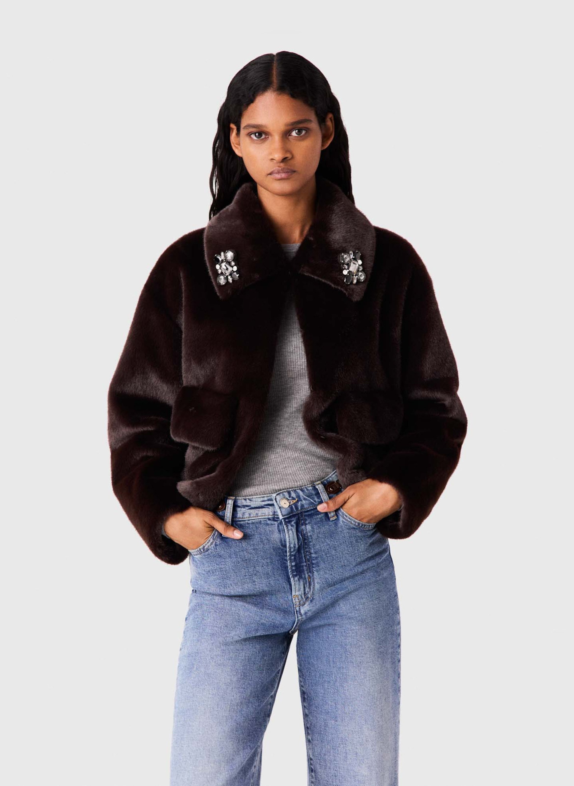 Veste droite en fourrure synthétique MAJE Marron